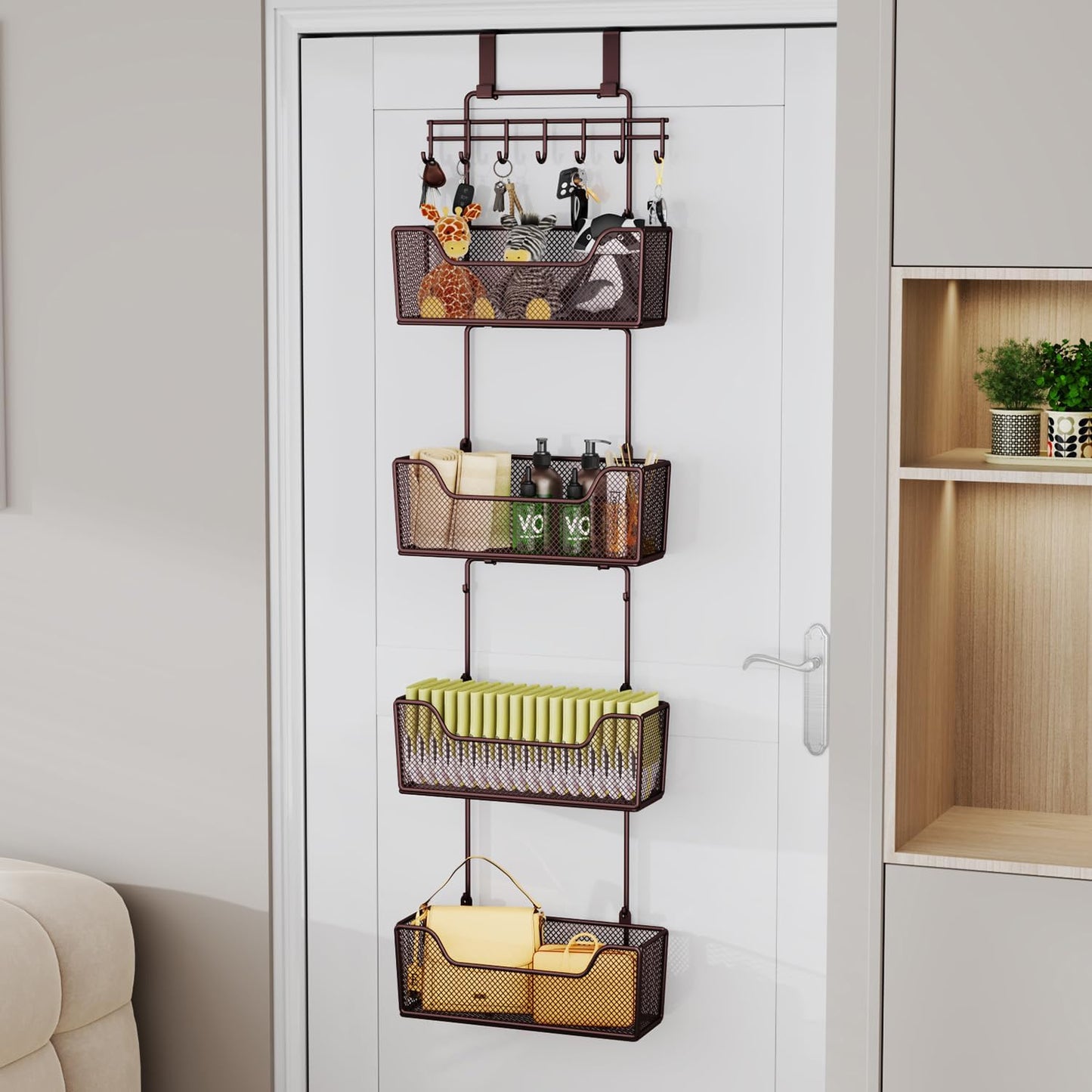 HapiRm Over The Door Organizer - Hanging Door Organizer with 4 Metal Large Capacity Baskets and Adjustable Coat Hook for Bathroom Bedroom Kitchen Pantry Closet Cabinet
