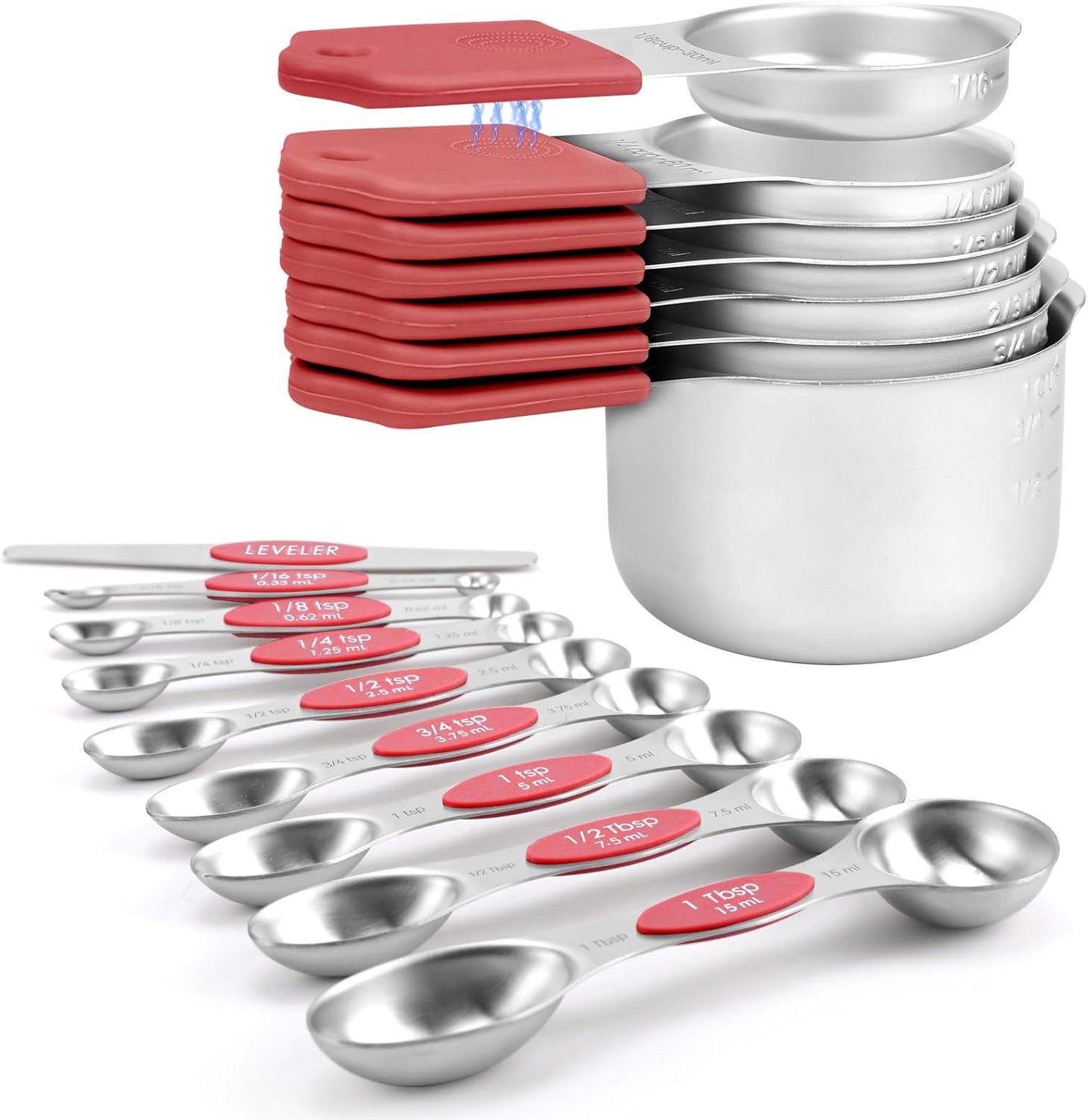 Magnetic Measuring Cups and Spoons Set-Heavy Duty 304 Stainless Steel，Double Measurement Markings，Set of 16 with Leveler for Measure Dry and Liquid Ingredients (Red)