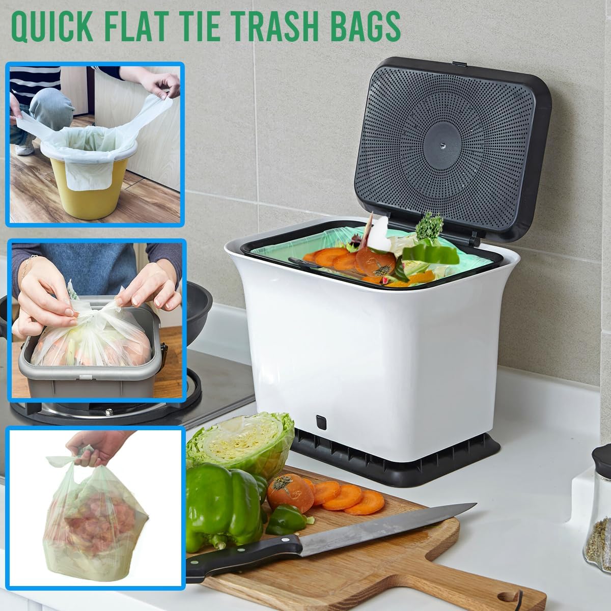 3 Gallon Flap Tie Compostable Trash Bags, 100 Count Small Compost Bags, Biodegradable Kitchen Garbage Bags, Food Scrap Waste Bags for Countertop Bin, ASTM D6400, US BPI Certified