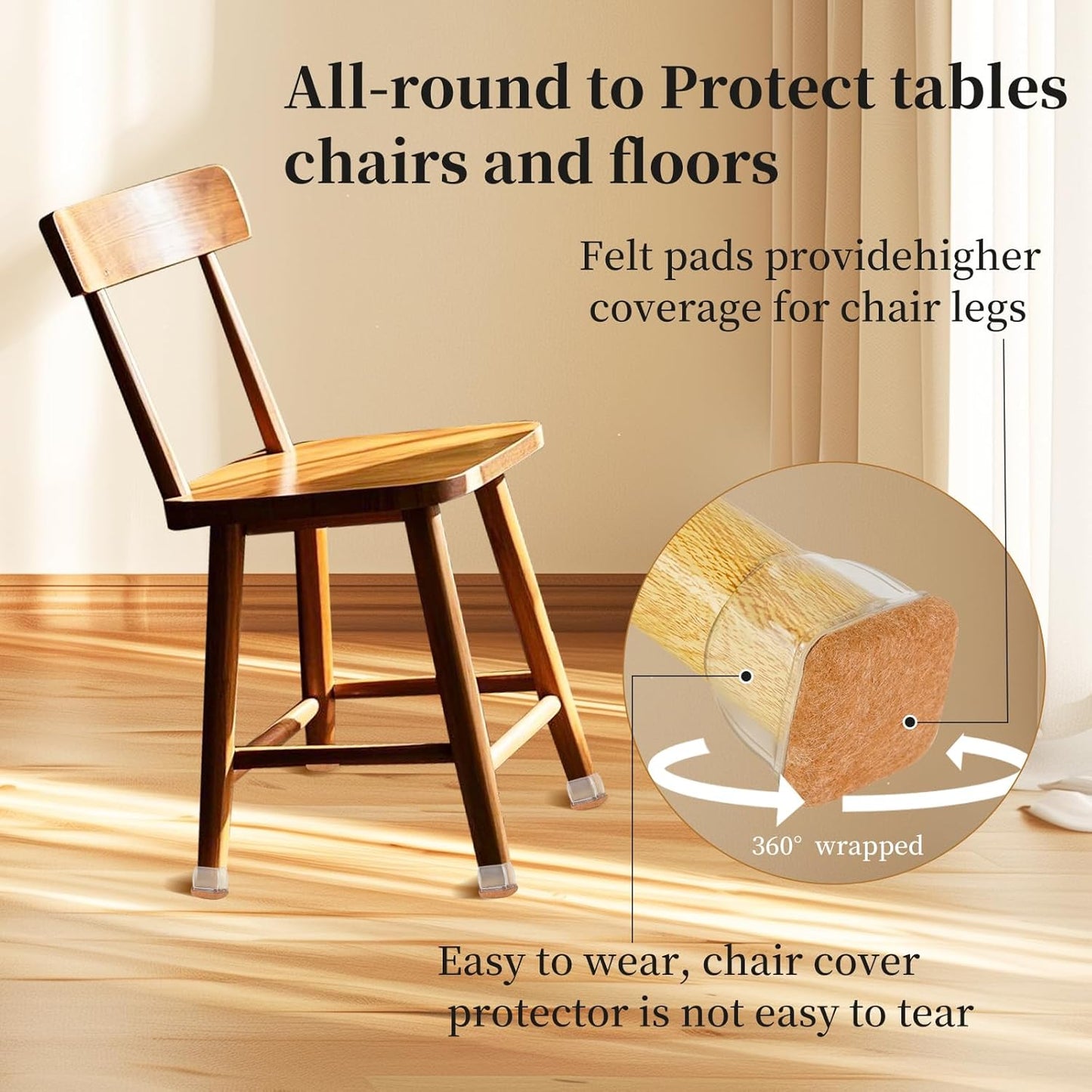 Square Chair Leg Floor Protectors Medium 24Pcs,Silicone Chair Leg Protectors for Hardwood Floors/Tiles,Clear 360°Wrapped Felt Bottom to Prevent Scratch and Reduce Noise