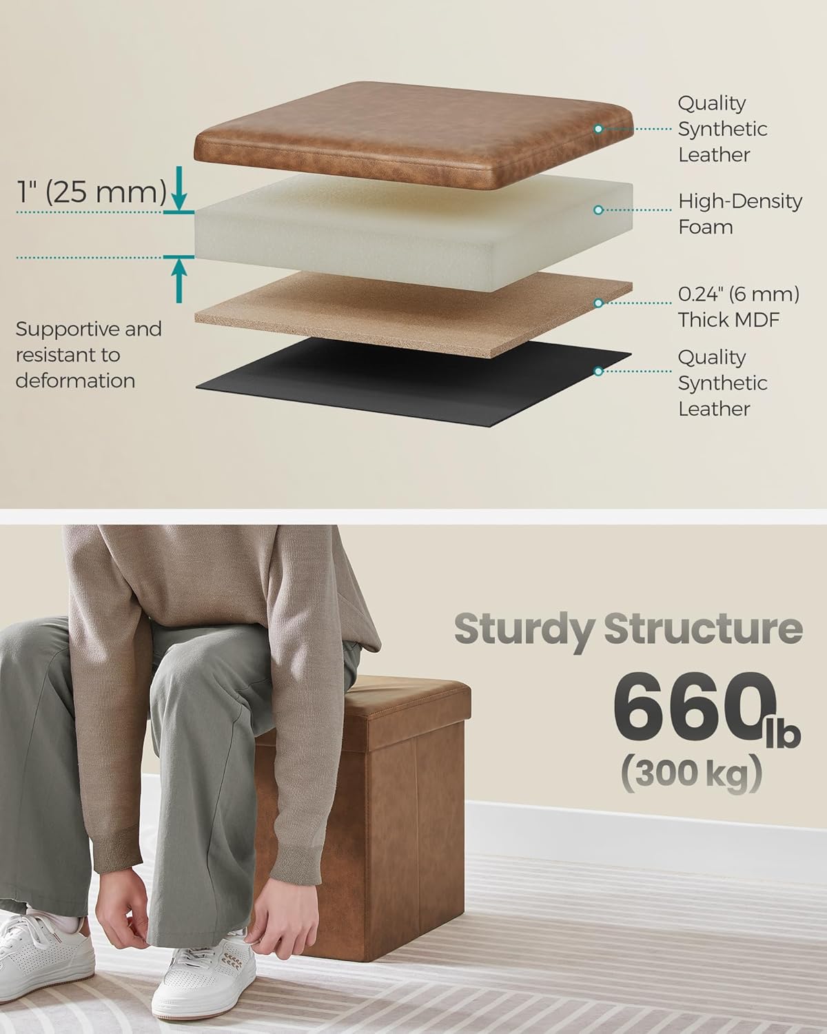 SONGMICS Mazie Collection - 15 Inches Ottoman with Storage, Footstool, Storage Ottoman, Load 660 lb, for Dorm, Living Room, Bedroom, Synthetic Leather, Coffee Brown ULSF010K01