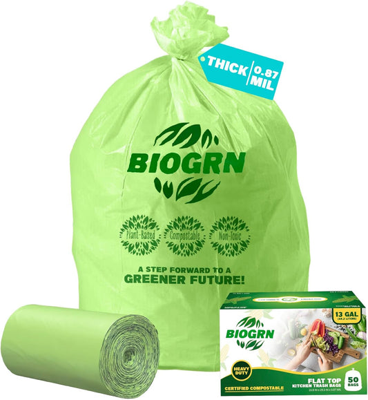 10-13 Gallon Compostable Trash Bags with Flat-Top 50 Bags Thick 0.87 Mil Leakproof Plant-based Tall Kitchen Wet Food Scrap Waste, ASTM D6400, US BPI and OK Compost Home Certified