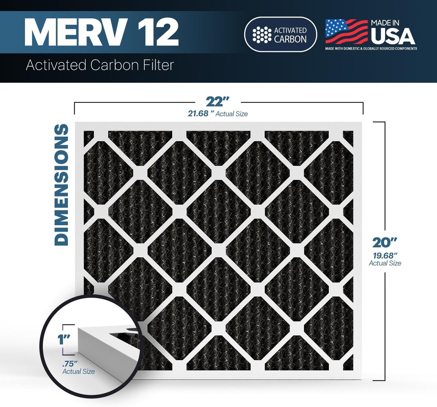 BNX TruFilter 20x22x1 MERV 12 Odor Defense (4-Pack) AC Furnace Air Filter with Activated Carbon - MADE IN USA - Pleated Air Conditioner HVAC AC Furnace Filters - Removes Odor, Mold, Bacteria, Smoke