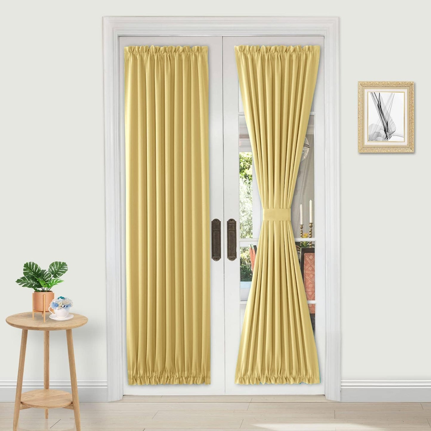 DWCN French Door Curtains – Rod Pocket Thermal Blackout Curtain for Doors with Glass Window, Kitchen and Patio Doors for Privacy, 25 X 72 Inches Long, 1 Curtain Panel with Tieback, Light Yellow