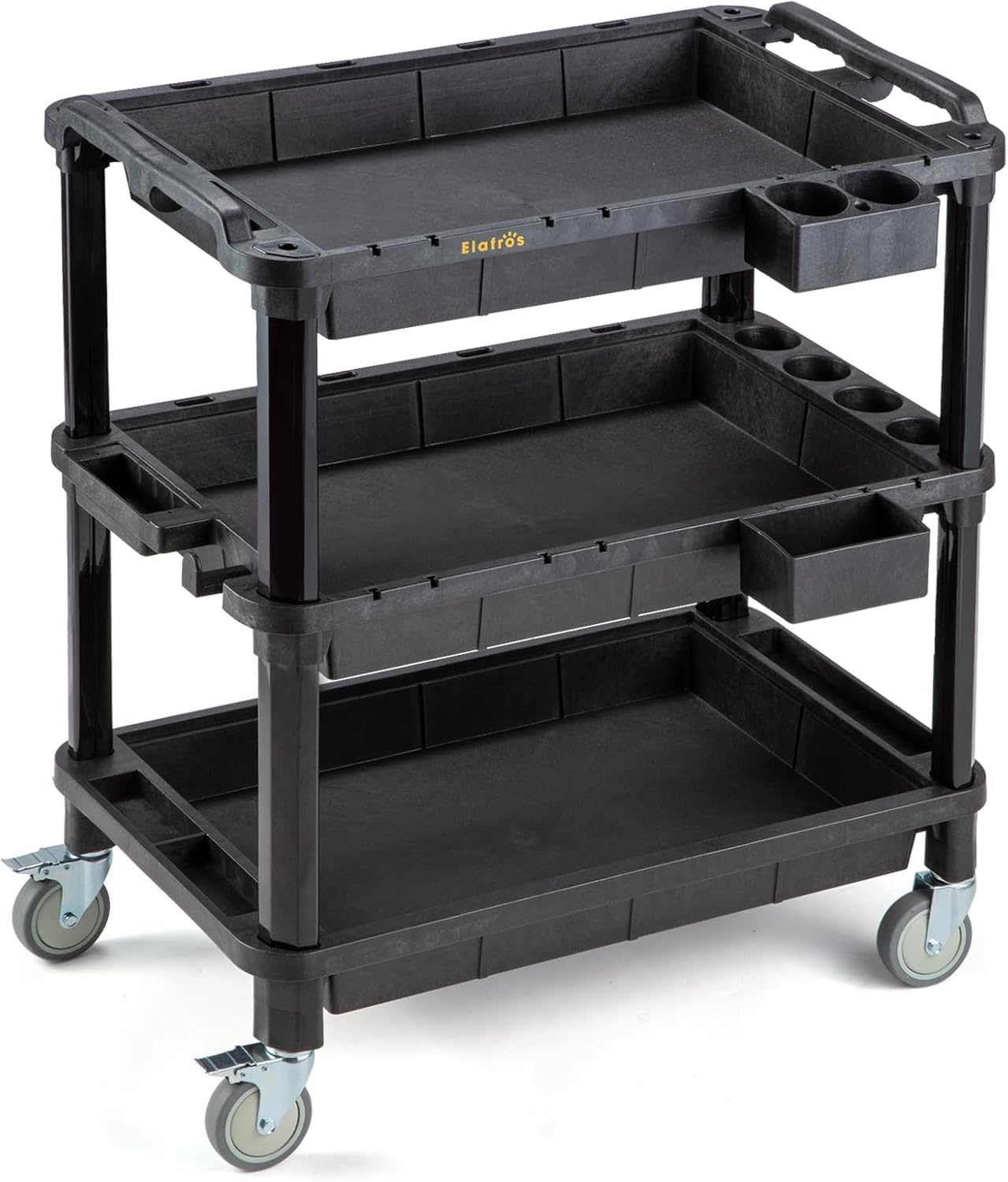 ELAFROS Multi-Use Utility Cart - 32.4x18.3 Heavy-Duty Service Cart with 3 Deep Shelves, Industrial-Grade Tool Cart Mobile Organizer, Rolling cart Holds up to 500 lbs, Black