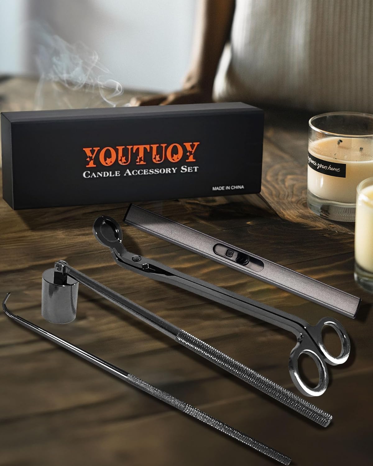 4 in1 Candle Accessory Set with Rechargeable Candle Lighter, Candle Wick Trimmer, Candle Wick Snuffer, Candle Wick Dipper, Candle Care Kit (Silver Black)
