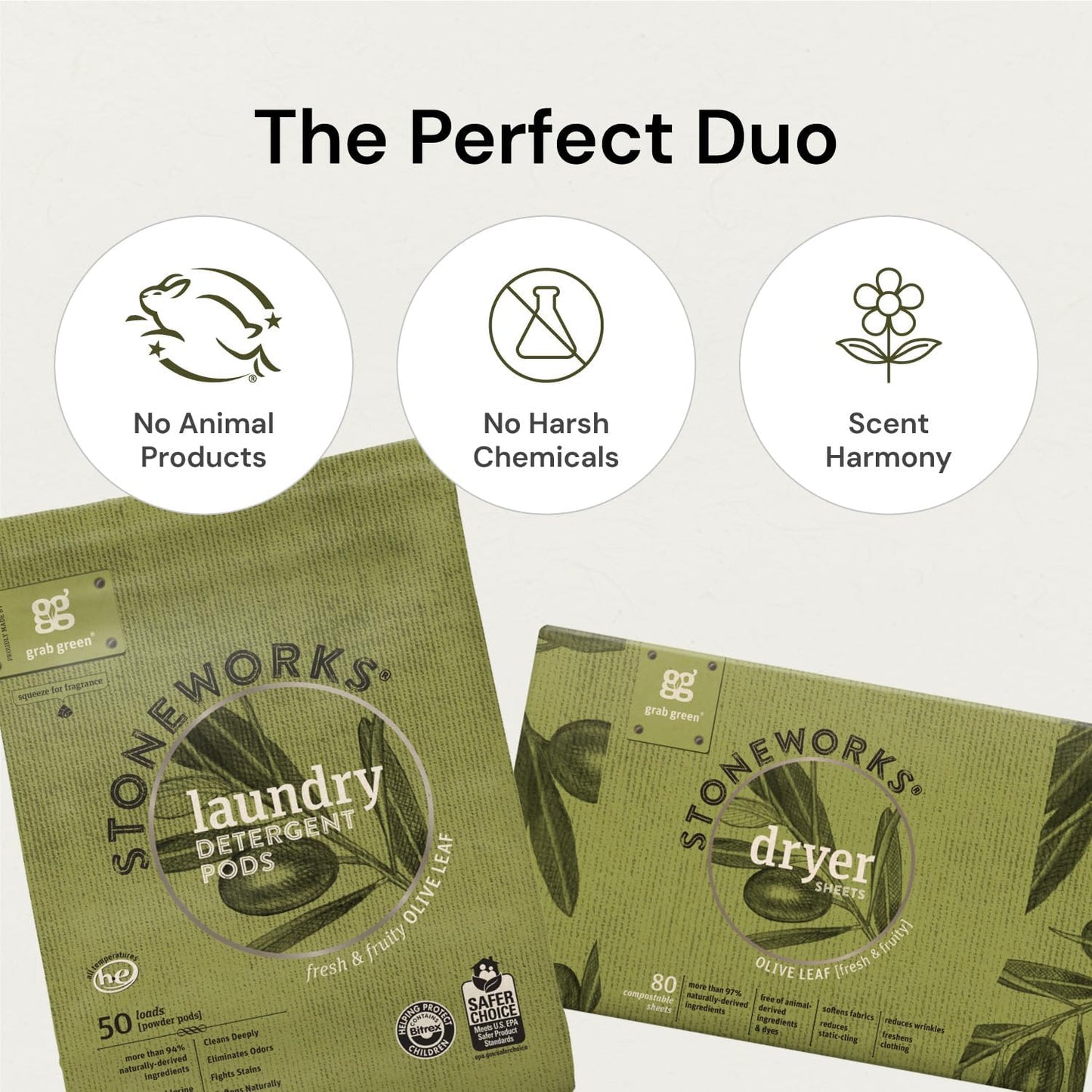 Grab Green Stoneworks Laundry Detergent Pods and Dryer Sheet Bundle, 50 Count Pods and 80 Dryer Sheets, Birch Branch Scent, Plant and Mineral Based Laundry Care Set