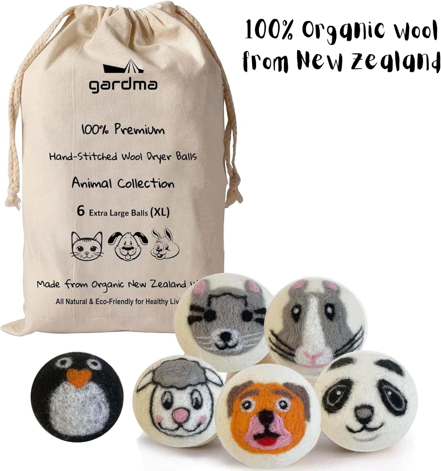 Wool Dryer Balls Organic Premium | Handcrafted Animal Collection A | 6 Balls XL, Ethically & Humanely Made, Natural Fabric Softener, Laundry Dryer Balls Reusable, Wrinkle Release