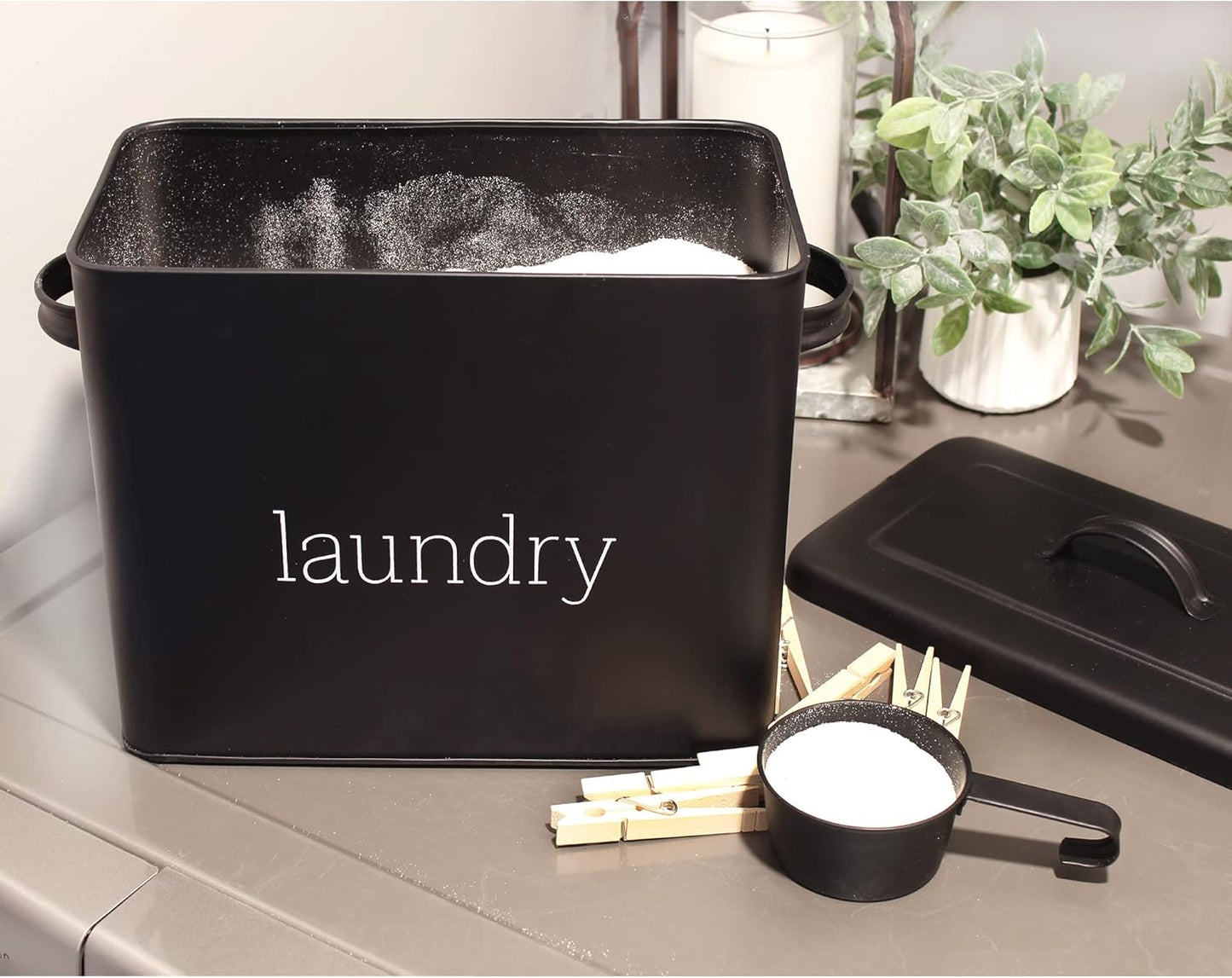 AuldHome Design Enamelware Laundry Powder Container (Black), Enamelware Detergent Bin w/ Scoop