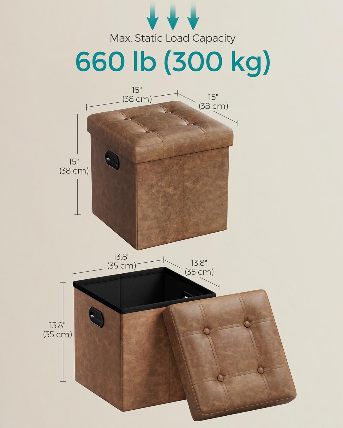 SONGMICS Mazie Collection - 15 Inches Ottoman with Storage, Footstool, Storage Ottoman with Metal Handles, Load 660 lb, for Dorm, Living Room, Bedroom, Synthetic Leather, Coffee Brown ULSF030K01