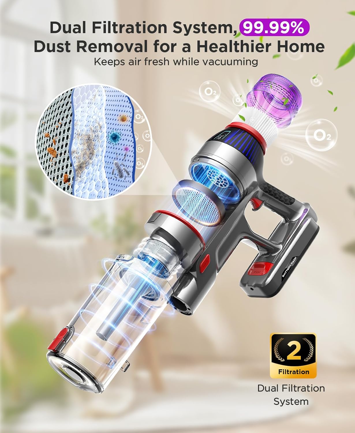 Cordless Stick Vacuum Cleaner - 550W Powerful Cordless Vacuum with HEPA Filter, Up to 50min Runtime & Tangle-Free Lightweight & Detachable Battery for Pet Hair Carpet Hardwood Floor Cleaning