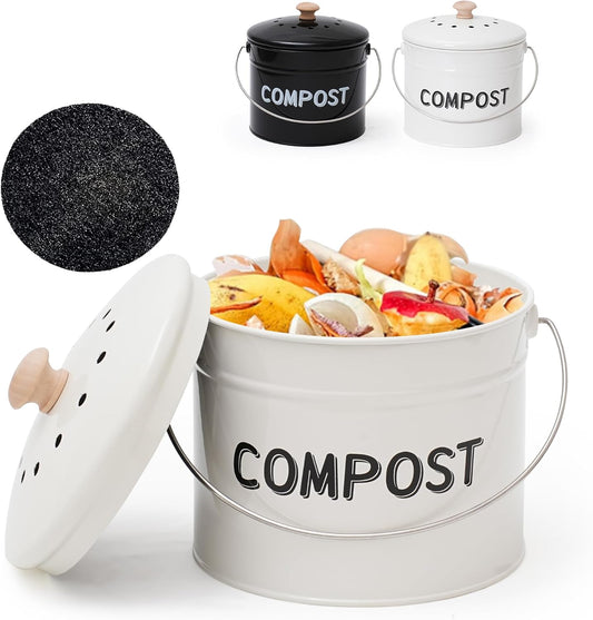 Compost Bin for Kitchen Counter, 1 Gallon Compost Bucket with Lid and Charcoal Filter, Countertop Composter, Rust Proof Indoor Food Waste Bin, White