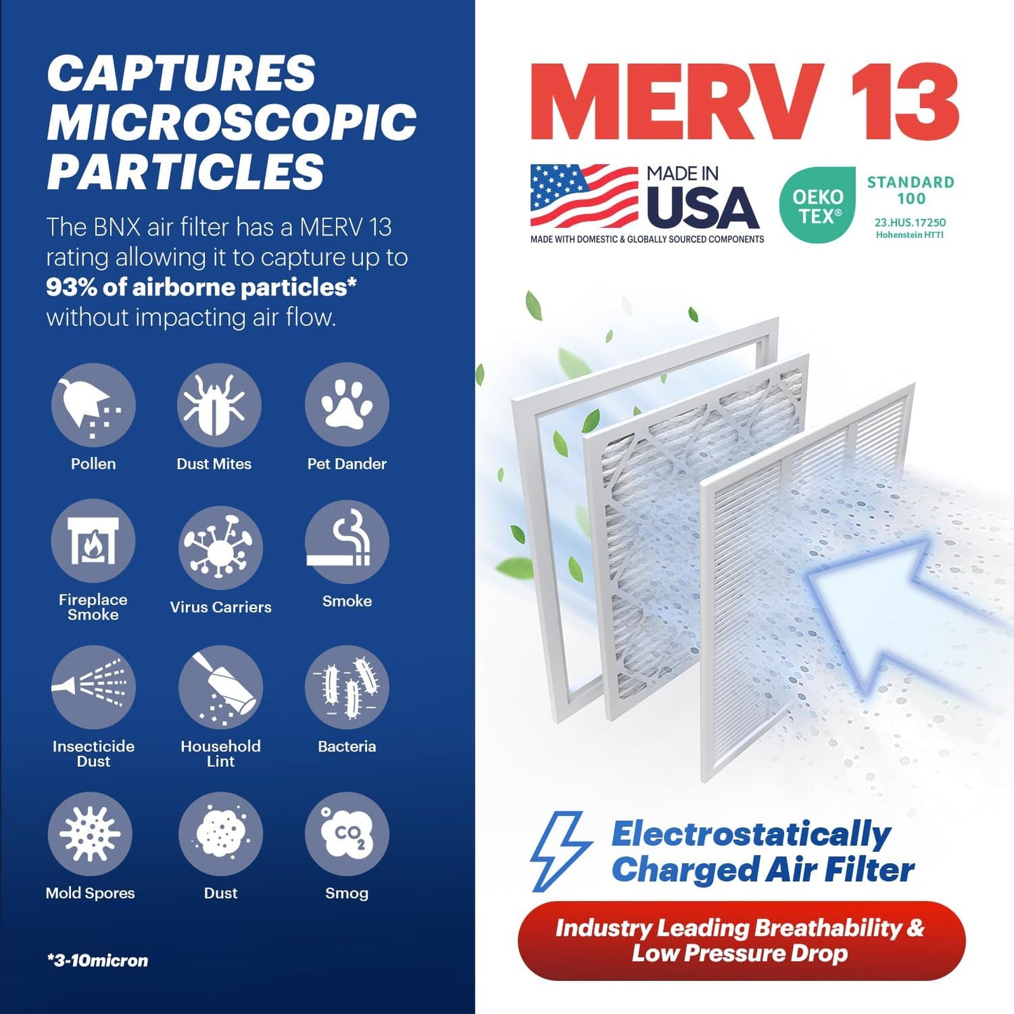 BNX TruFilter 16x16x1 Air Filter MERV 13 (4-Pack) - MADE IN USA - Electrostatic Pleated Air Conditioner HVAC AC Furnace Filters for Allergies, Pollen, Mold, Bacteria, Smoke, Allergen, MPR 1900 FPR 10