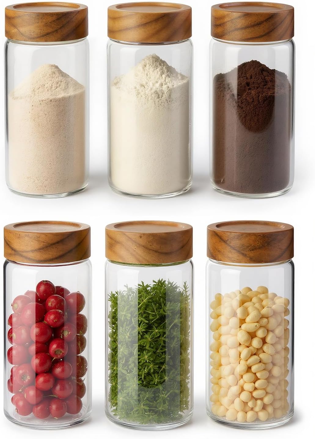 6 -Piece 13 oz Food-Grade Glass Mason Jars with Acacia Wood Lids, Sealable Waterproof, Transparent Easily Stackable for Overnight Oats, Spice Storage & Snack Organizing