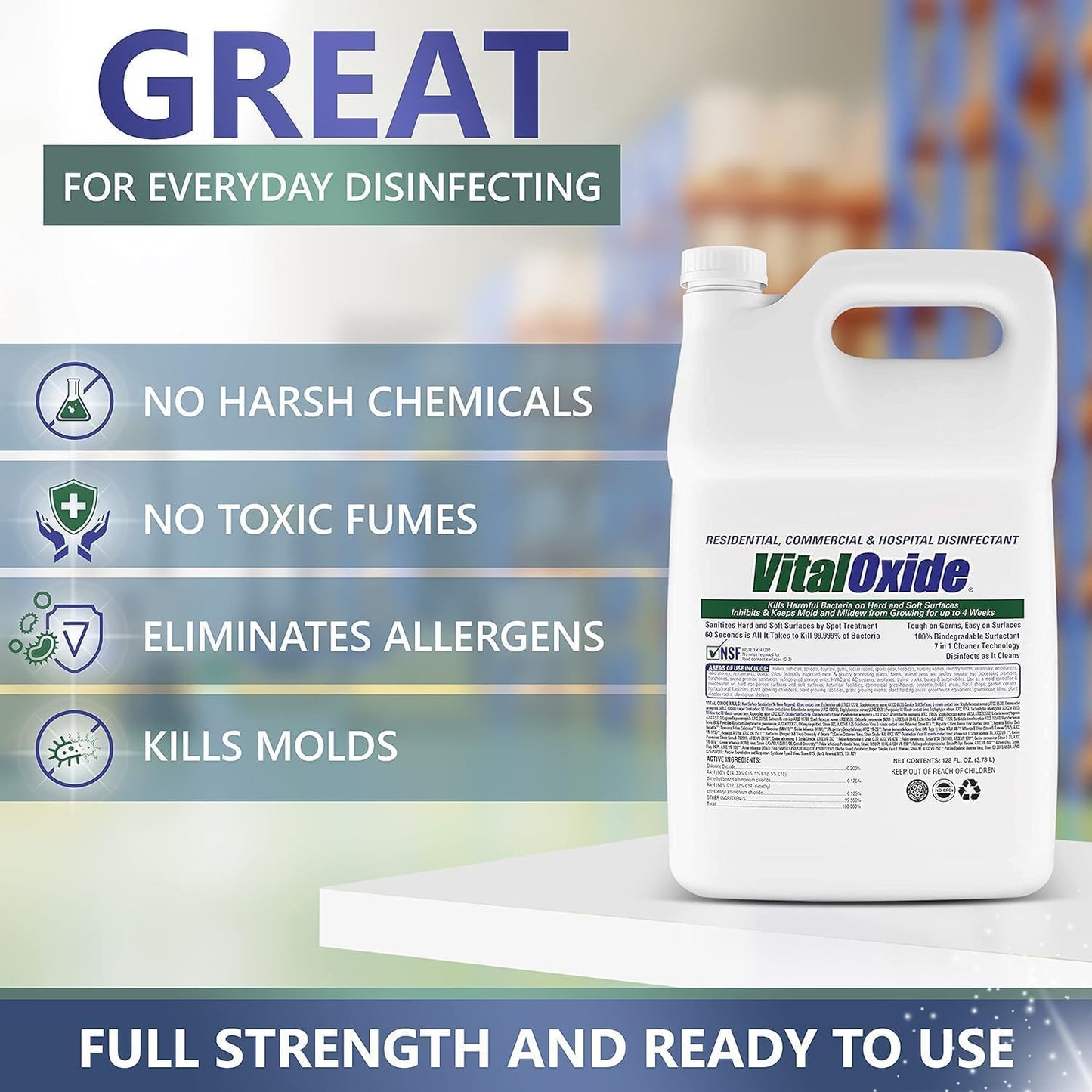 Vital Oxide Disinfectant, Deodorizer, Cleaner, Food-Contact Sanitizer, Virucide – (EPA registration #82972-1) – Kills Mold & Mildew, Eliminates Odors – 1 Gallon + 32oz Spray Bottle