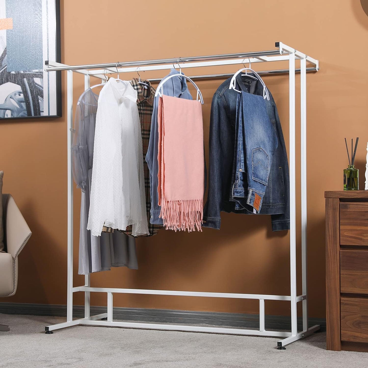 MyGift White Stainless Steel Freestanding Garment Rack, Heavy Duty Double Rod Clothes Rack Clothing Hanger Stand with Storage Display Shelf