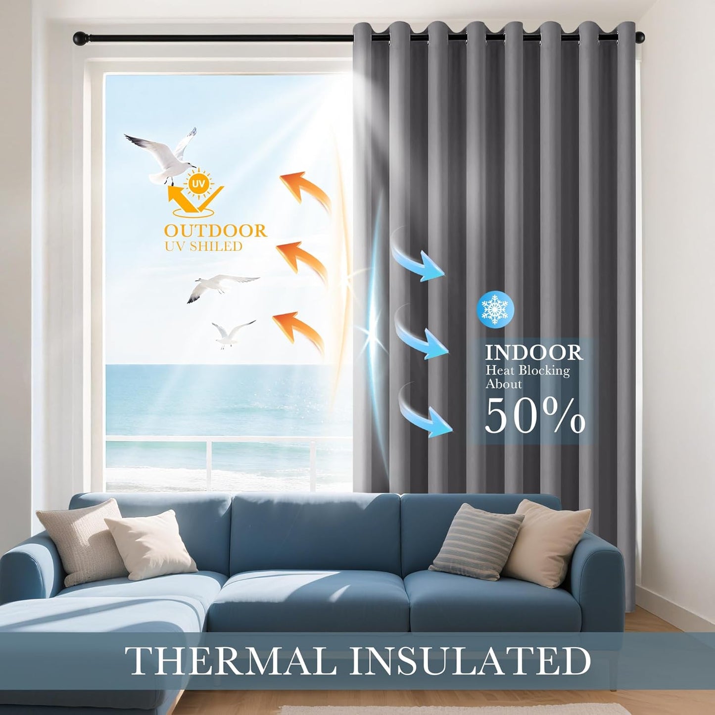 PONY DANCE Gray Black Out Curtains 54 inch Long, Thermal Insulated Draperies Window Grommet Top Room Darkening Window Treatments for Bedroom and Living Room(Grey, 42 inches Wide, 2 Panels Set)