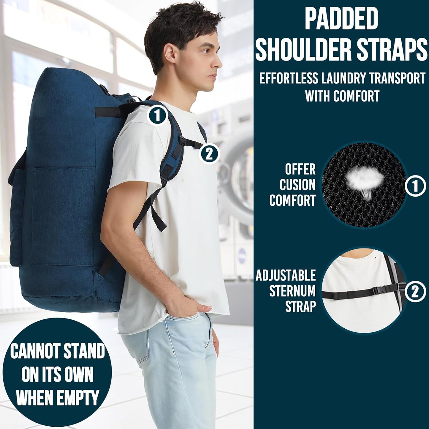 Laundry Backpack Heavy Duty, 115L Extra Large Laundry Bag with Straps, Dorm Room Essential for Guys, Backpack Laundry Bags with 4 Pockets, Laundry Hamper Bags for College Dorm, Apartment, Laundromat