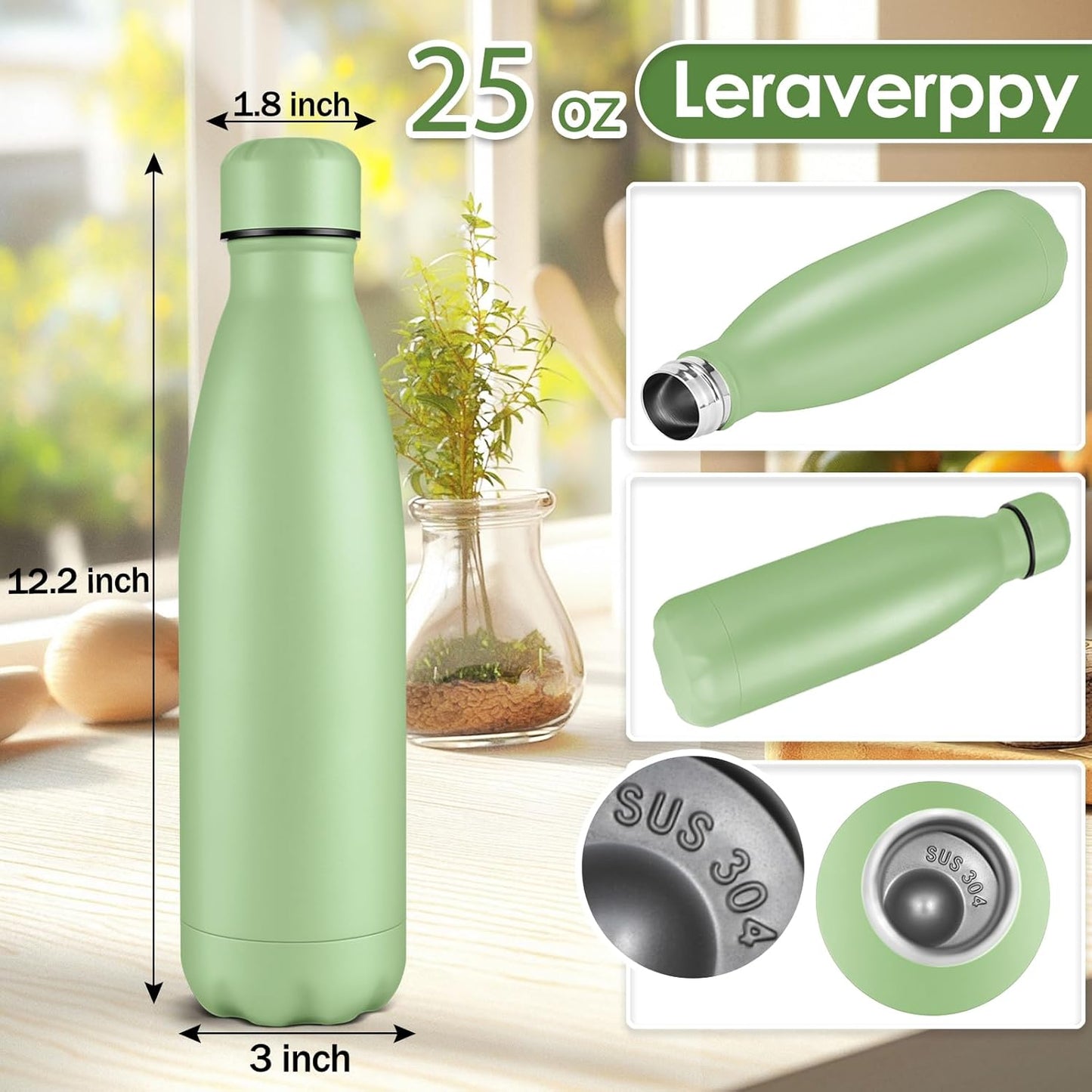 25oz Cola-Bottle Shaped Stainless Steel Leak-proof Water Bottle,Double Wall Vacuum Insulated Metal,Travel Mug For Sports Indoors & Outdoors,BPA-Free School Kids Flasks,Green(1 Pack)
