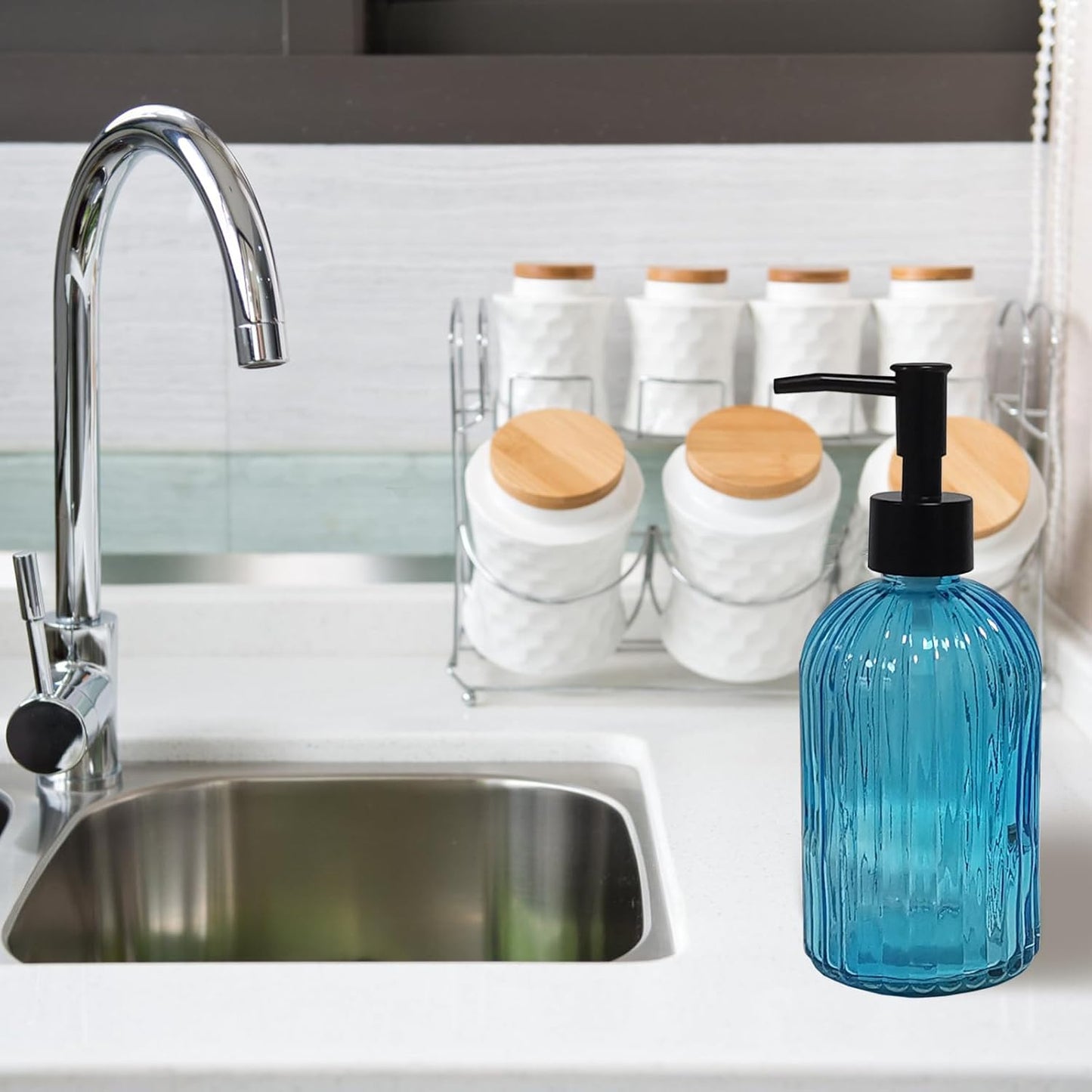 Blue Glass Soap Dispenser Set with Black Pump, 13.5oz Refillable Hand Dispenser, Lotion Dish Soap Dispenser for Modern Home Decor, Kitchen Countertop, Bathroom, Hotel