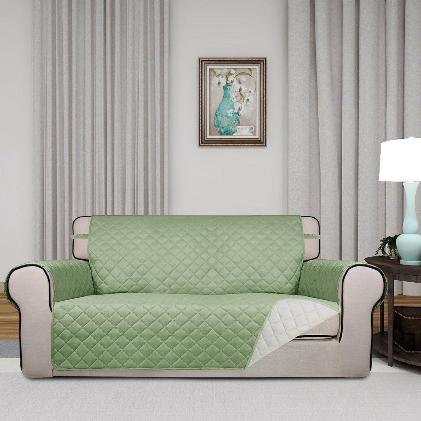 PureFit Reversible Quilted Sofa Cover, Water Resistant Slipcover Furniture Protector, Washable Couch Cover with Non Slip and Elastic Straps for Kids, Dogs, Pets (Oversized Loveseat, Sage Green/Ivory)