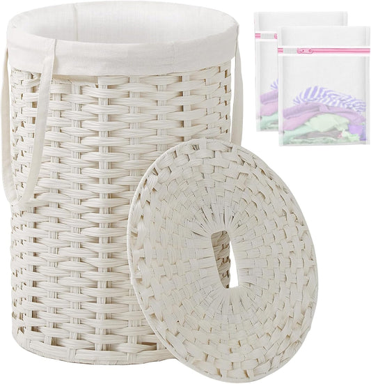 Laundry Hamper with Lid Laundry Basket with Lid 19.0 Gal (72 L) Round Wicker Laundry Basket Handwoven Rattan Basket with Lid Removable Bag 2 Mesh Bags Handles for Living Room Bathroom White