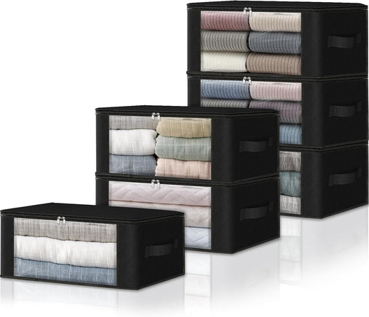 HomeHacks 6-Pack Clothes Organizer Storage Bags Foldable Storage Box with Large Clear Window Sturdy Handles for Closet, Dorm, Pillows, Bedding, Clothes, Stuffed Toys, Blankets, 35L, Black
