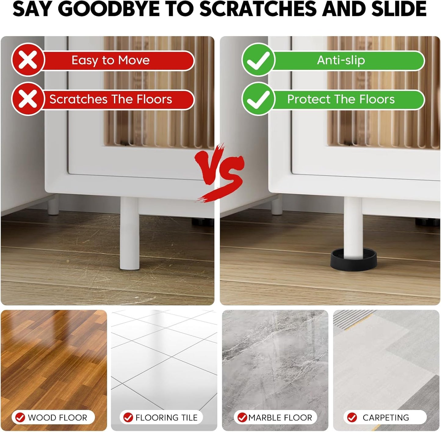 Rubber Non-Slip Furniture Pads Furniture Casters Cup Floor Protector for Bed Sofa Table and Chair Stopper (Pack of 8,Black 2" x 2" Round)