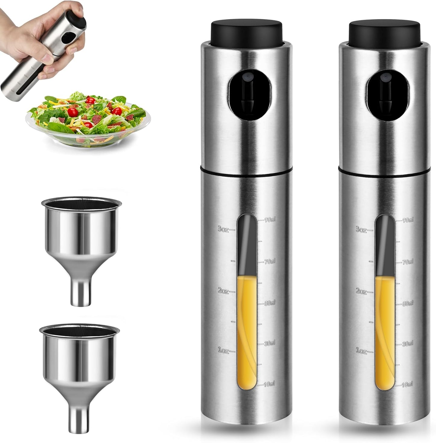 2 Pack Oil Bottle for Cooking,100ml Stainless Steel Cooking Oil Spray Bottle for Salads, BBQS and More,One-Handed Use (2 PCS)