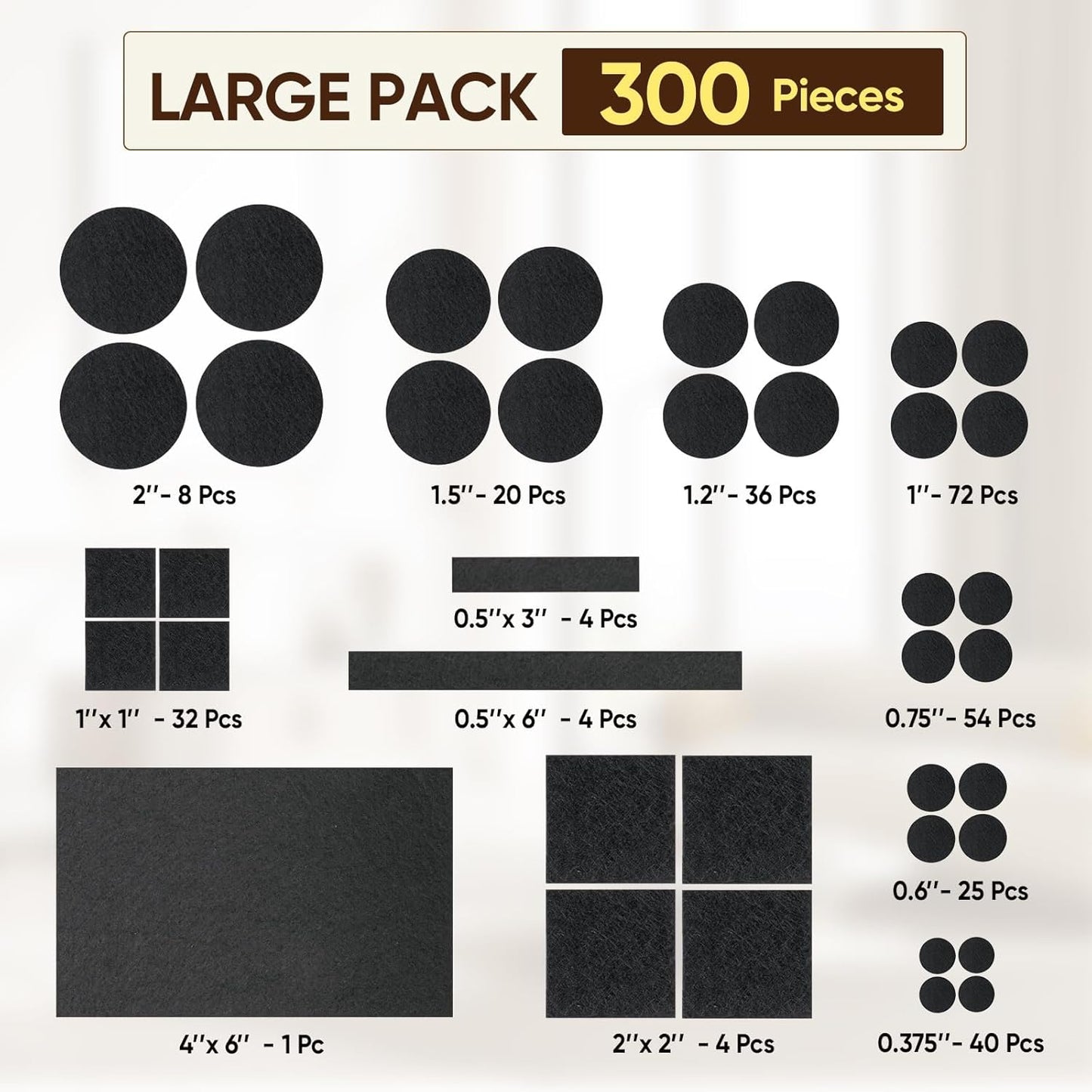 BALEINE 300PCS Felt Furniture Pads, Multi-Size Felt Pads for Chair Legs, Tables, Beds, Scratch-Reducing Floor Protectors for Hardwood Floors, Tile, Vinyl, and Laminate (300PCS, Black)