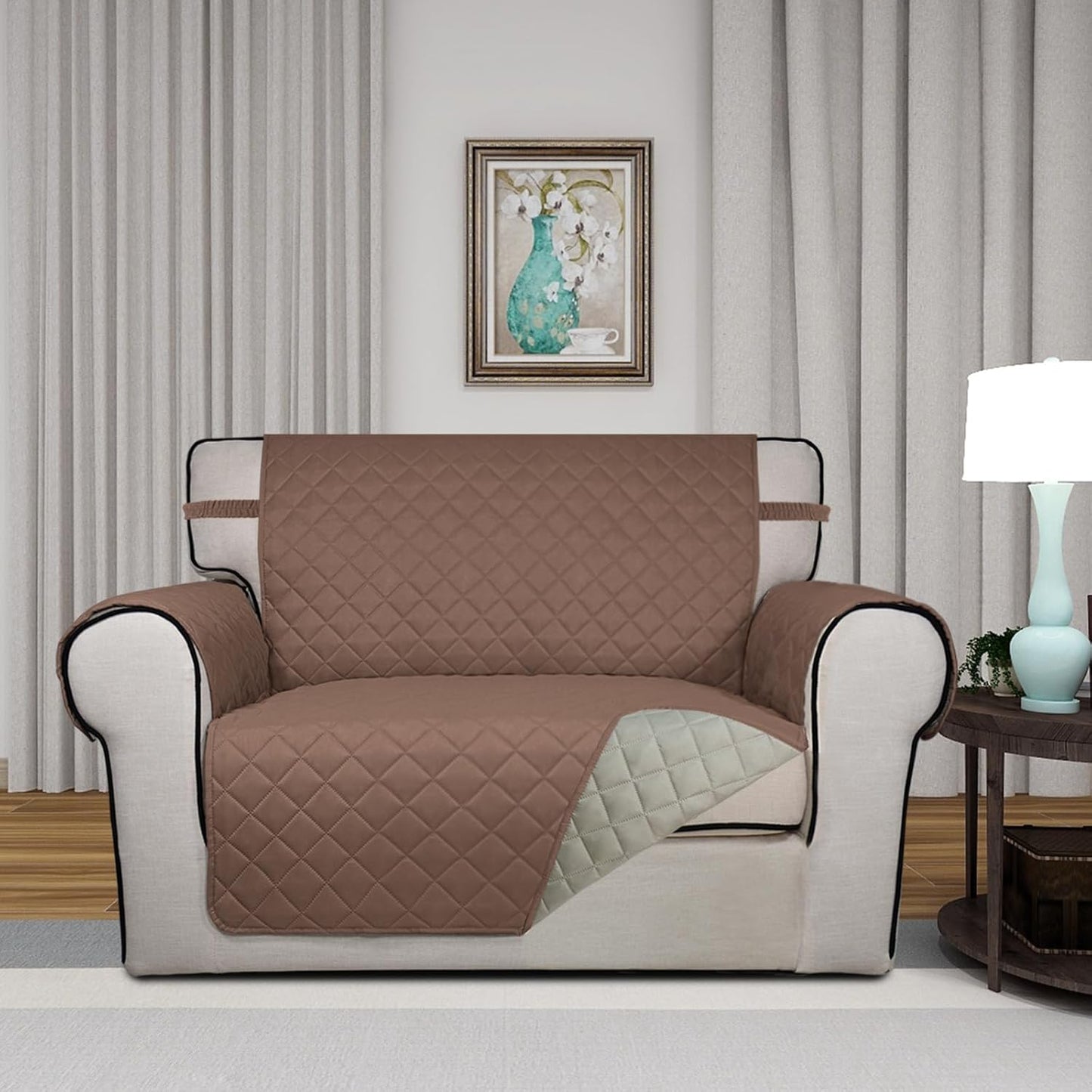 PureFit Reversible Quilted Sofa Cover, Water Resistant Slipcover Furniture Protector, Washable Couch Cover with Non Slip and Elastic Straps for Kids, Dogs, Pets (Oversized Chair, Brown/Beige)