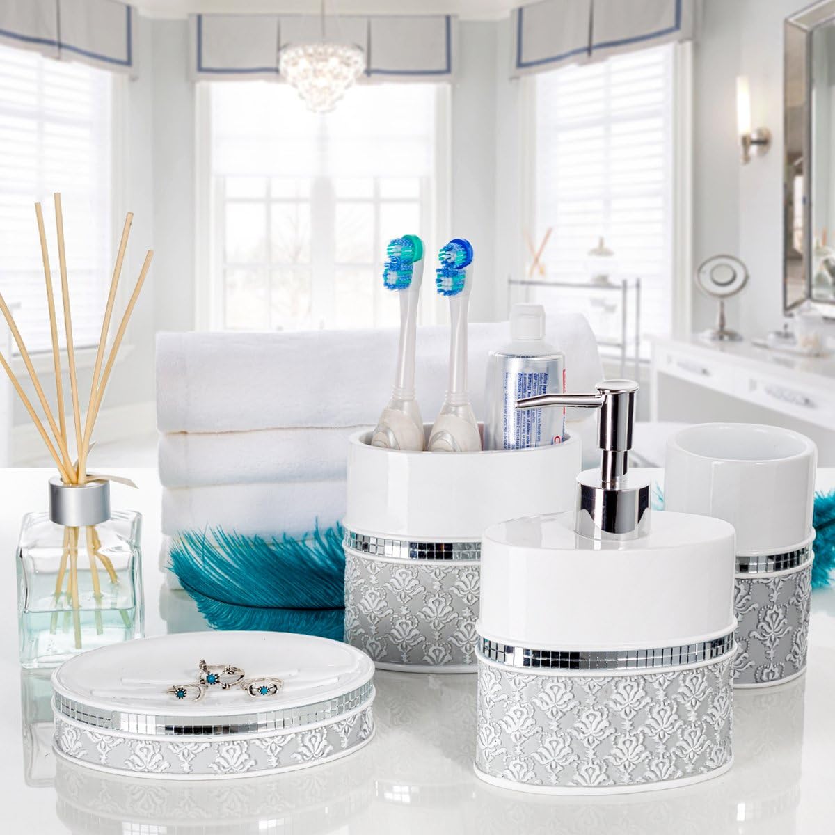 Creative Scents Mirror Damask Bathroom Accessory Set Complete - Decorative 4 Piece White and Gray Bathroom Set Includes: Soap Dispenser, Soap Dish, Toothbrush Holder and Tumbler