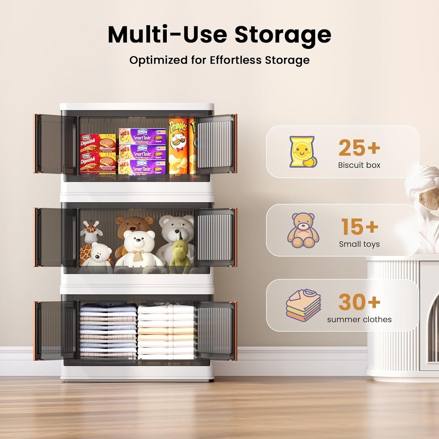 8.4Gal Collapsible Storage Bins with Lids & Wheels - 1 Pack Stackable with Doors, Heavy-Duty Plastic Containers for Home/Office, White