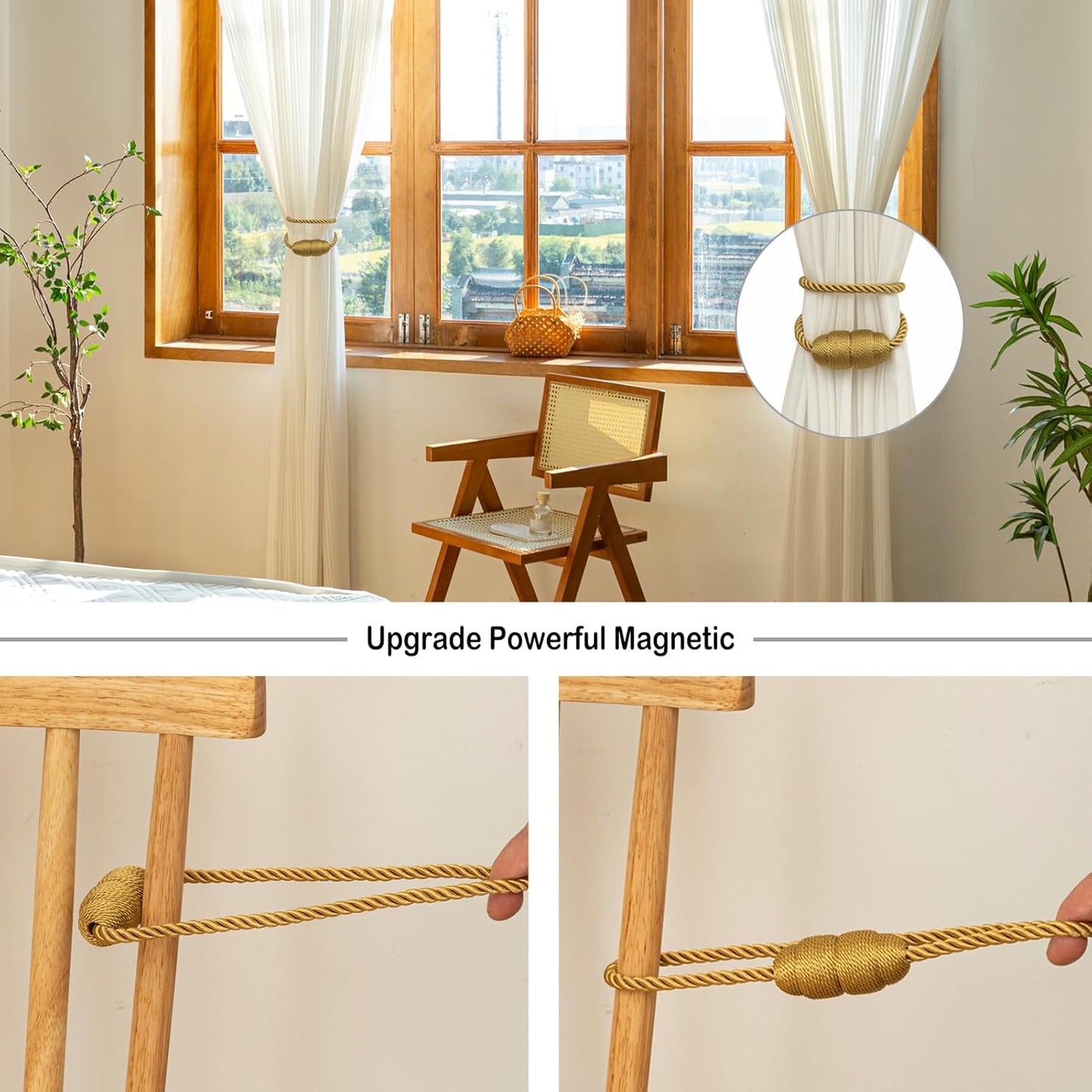 Magnetic Curtain Tiebacks Rope Curtain Tie Backs for Curtains 2 Pack Curtain Holders for Drapes Decorative Window Curtain Holdbacks, Gold