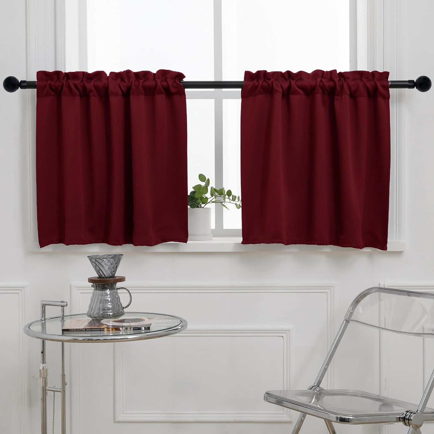 Pickluc Rod Pocket Tier Curtain - Half Blackout Curtain for Kitchen, Bathroom, Cabinet, Basement, 42 Inches Wide and 36 Inches Long, Burgundy Red, 2 Panels