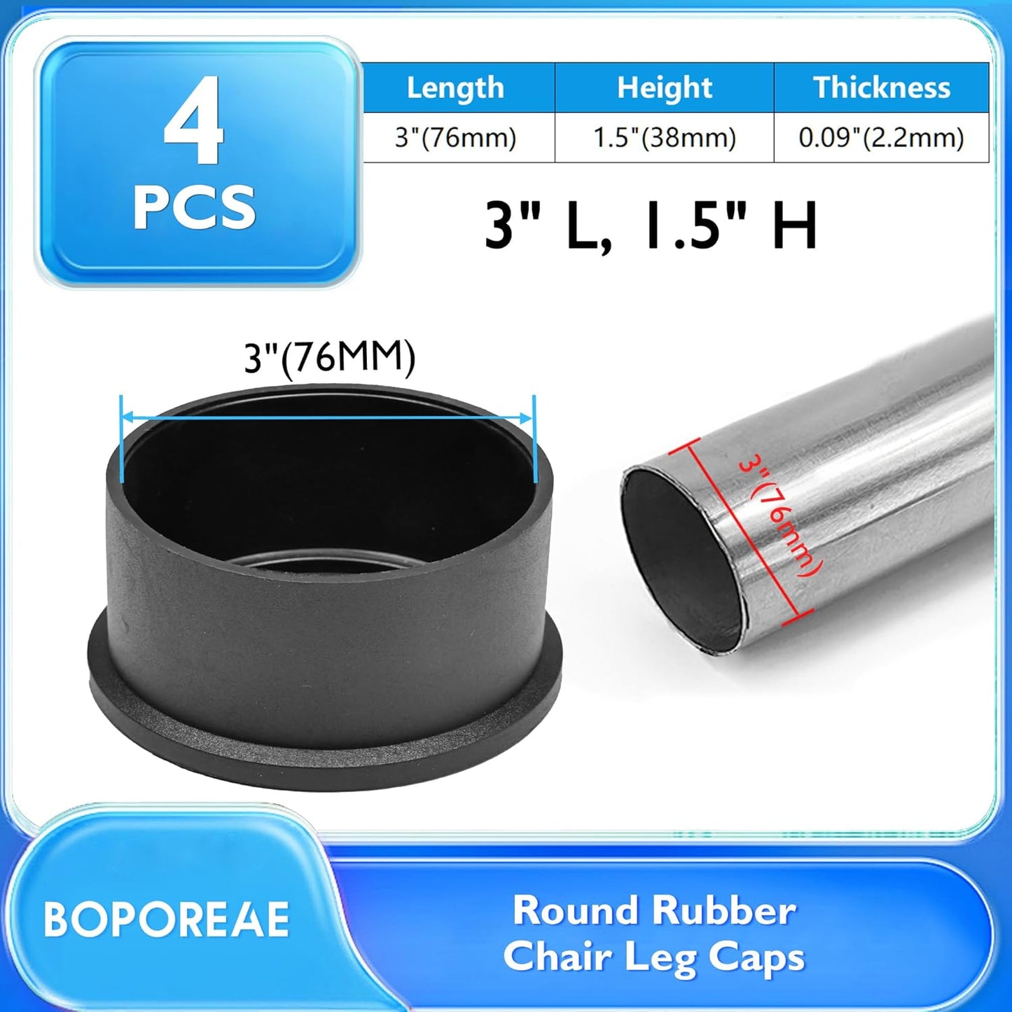 4 Pcs 3" Round Rubber Chair Leg Caps, PVC Table Leg Covers, Flexible & Anti-Slip Furniture Leg End Caps, Chair Leg Floor Protectors for Bar Stool Leg Patio Indoor, Black