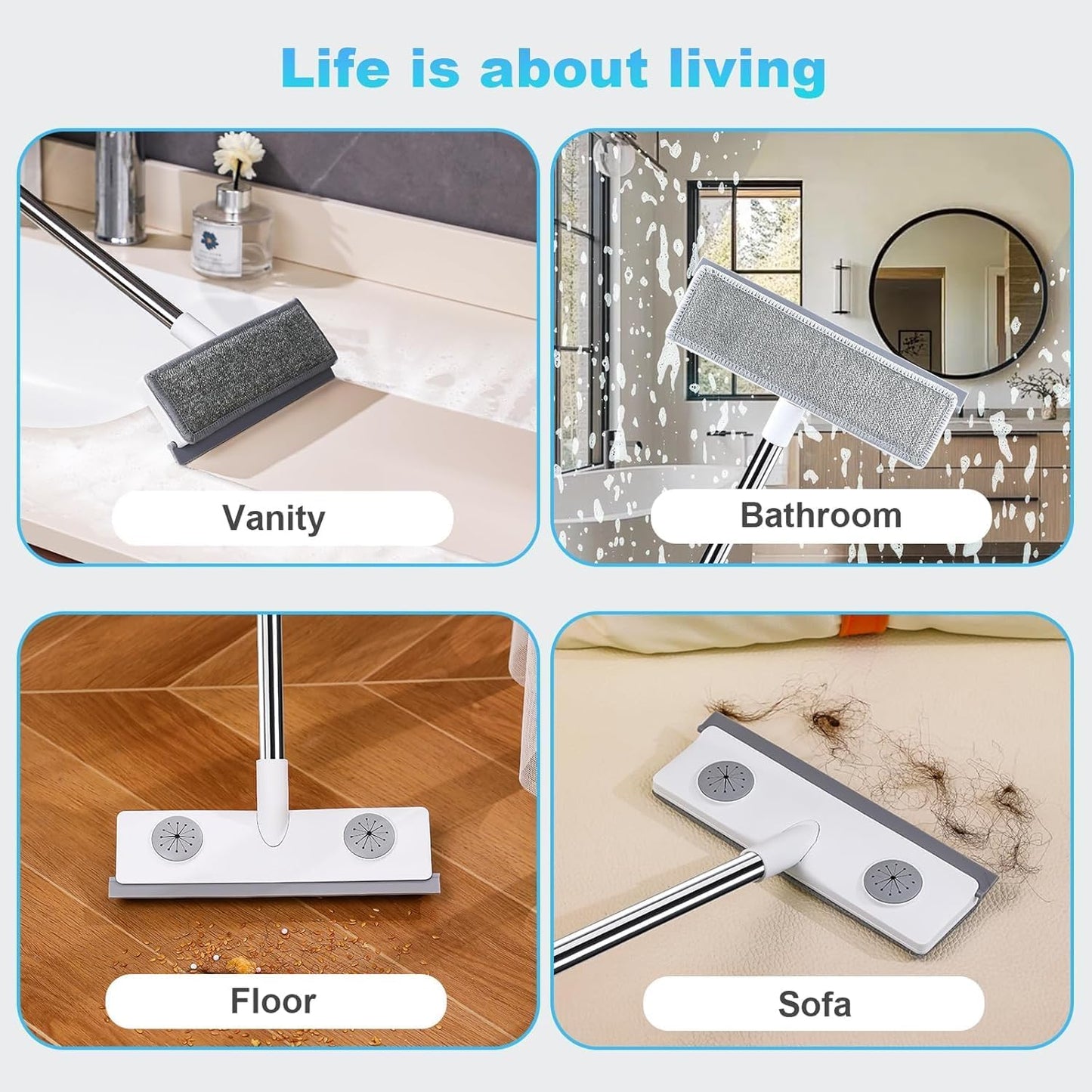 IMHO Mesh Screen Cleaner, Glass Wiper, Dust Paper Clip，3 in 1 Wet and Dry Screen Cleaner with Long Handle Wiper for Shower, Glass, Floor, Tile Walls, Car Windshield, White