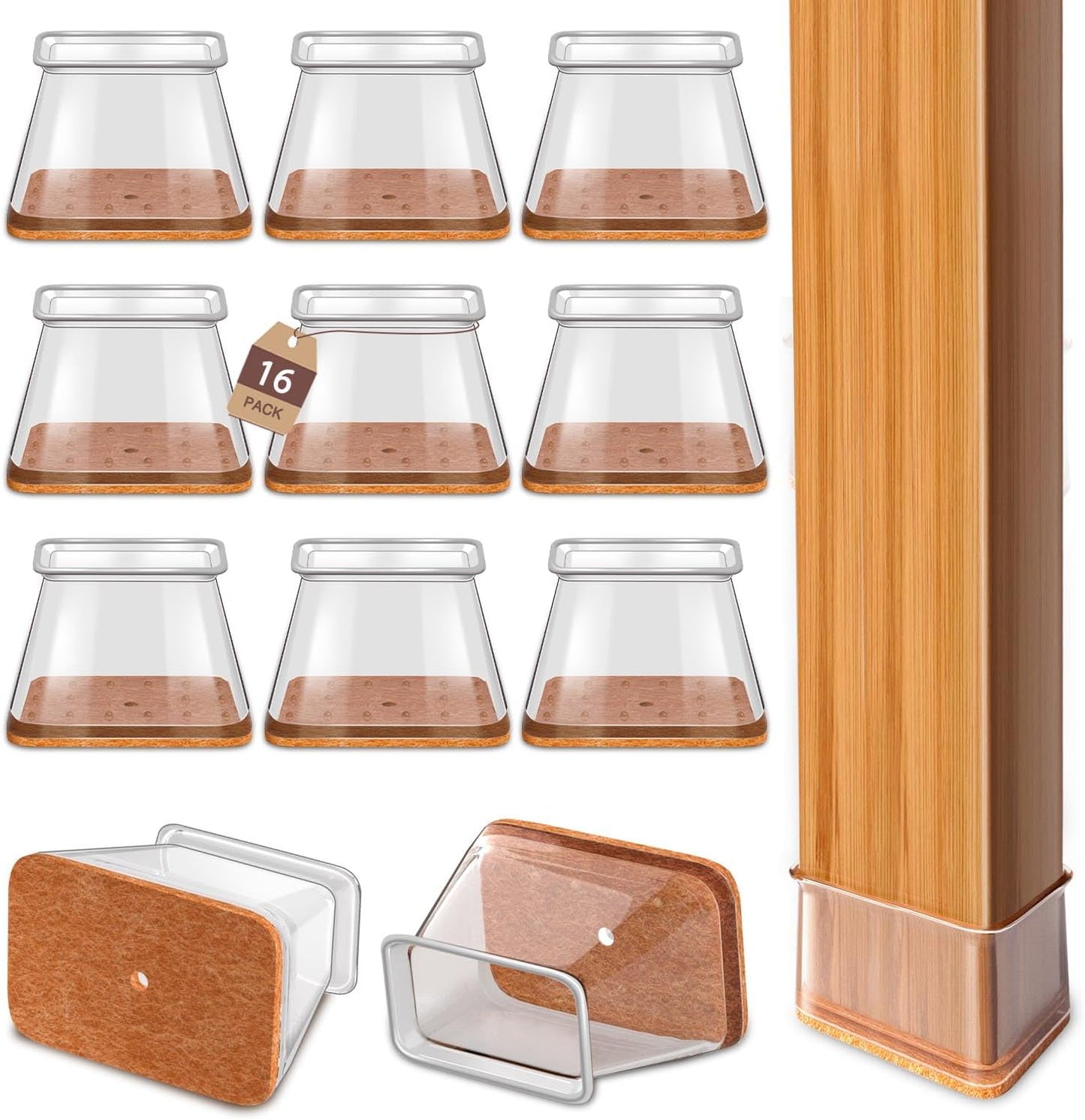 Chair Leg Floor Protectors Rectangle Chair Leg Protectors for Hardwood Floors Silicone Caps Felt Furniture Pads Covers Anti-Scratch Reduce Noise 16 Pack Clear Fit Perimeter 5" to 5‑7/8"