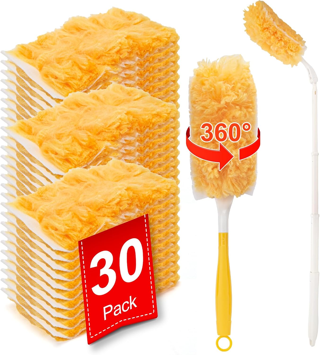 KeFanta 360° Heavy Duty Duster Refills Compatible with Swiffer Duster, Disposable Dusting Kit for Cleaning, 1 Extended Handle, 1 Short Handle, 30 Refills