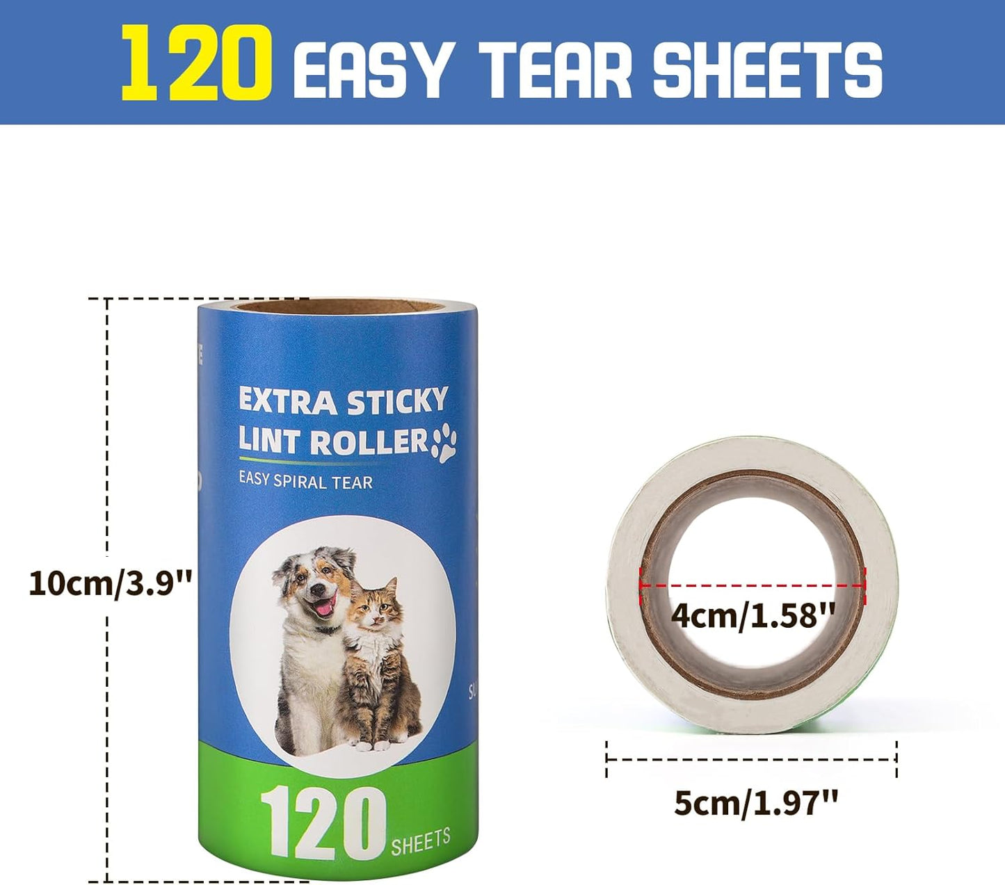 Extra Sticky Lint Roller Refills 6 Pack (720 Sheets) fit 3.8"-4" Standard Size Lint Roller Sticker with Inner Diameter at 1.5" for Pet Hair, Clothes, Furniture, Cars, No Handle Included
