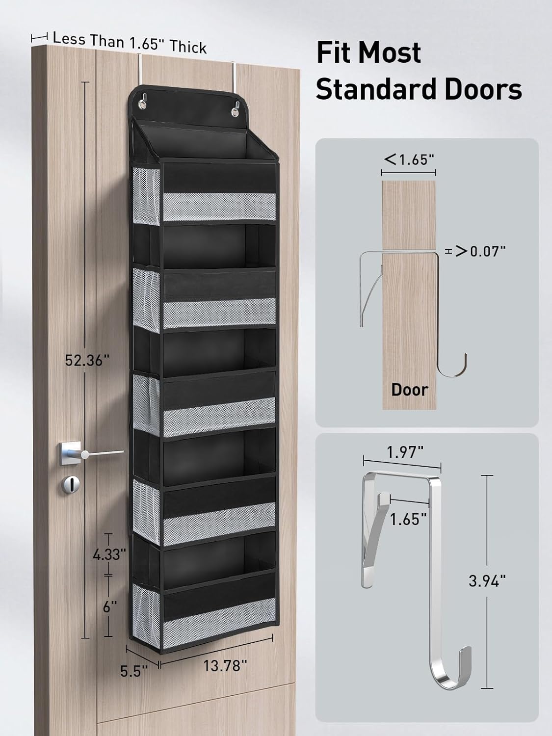 Yecaye 2 Pc Over the Door Organizer with 5 Bins 10 Side Pockets, 44lbs Load Hanging Bathroom and Bedroom Organizer, behind the Door Hanging Organizers for Nursery Newborn Baby Essential Stuff Black