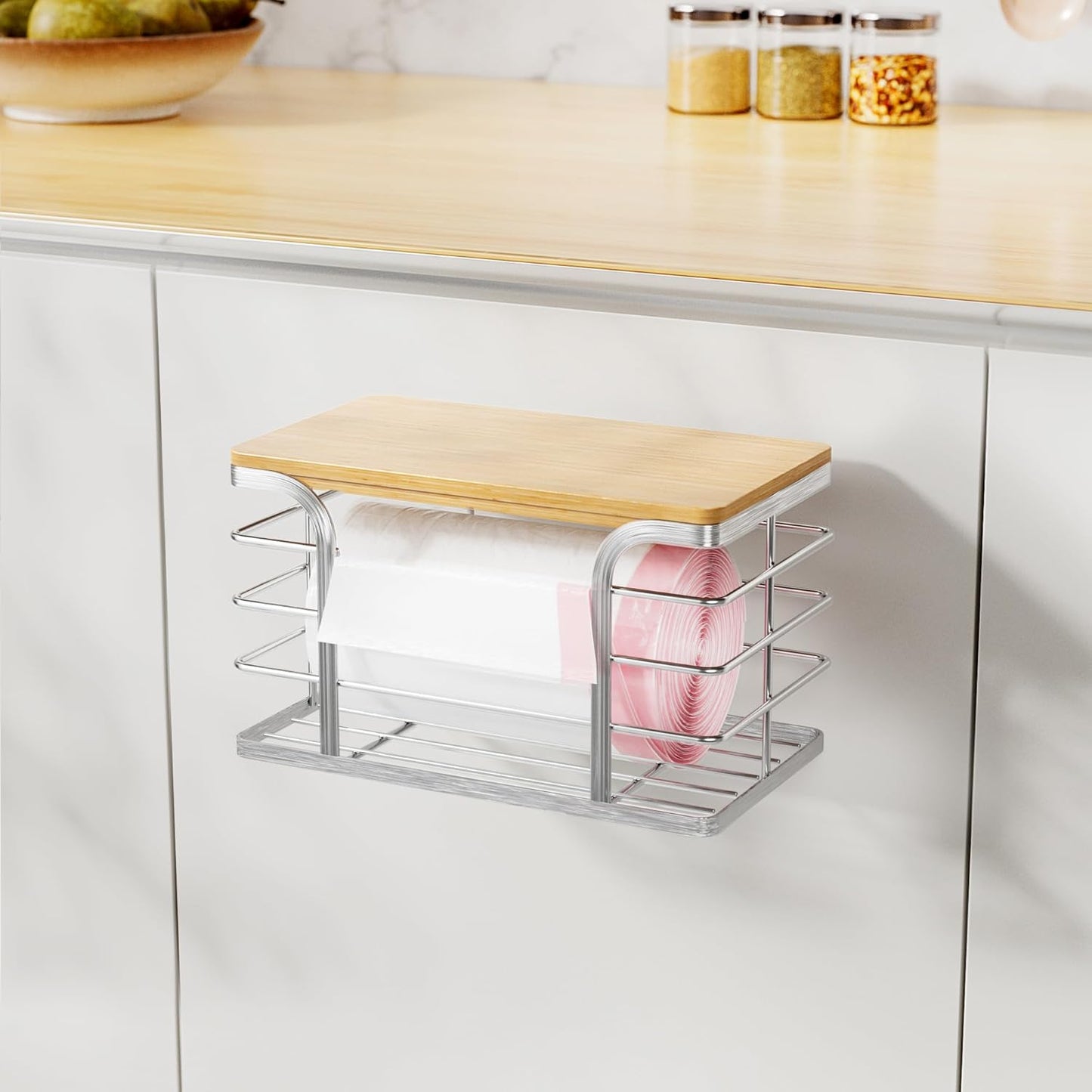 Trash Bag Holder with Bamboo Top, Wall Mount 304 Stainless Steel Garbage Bag Dispenser,Stackable Storage for Kitchen Laundry Organization,Silver Small