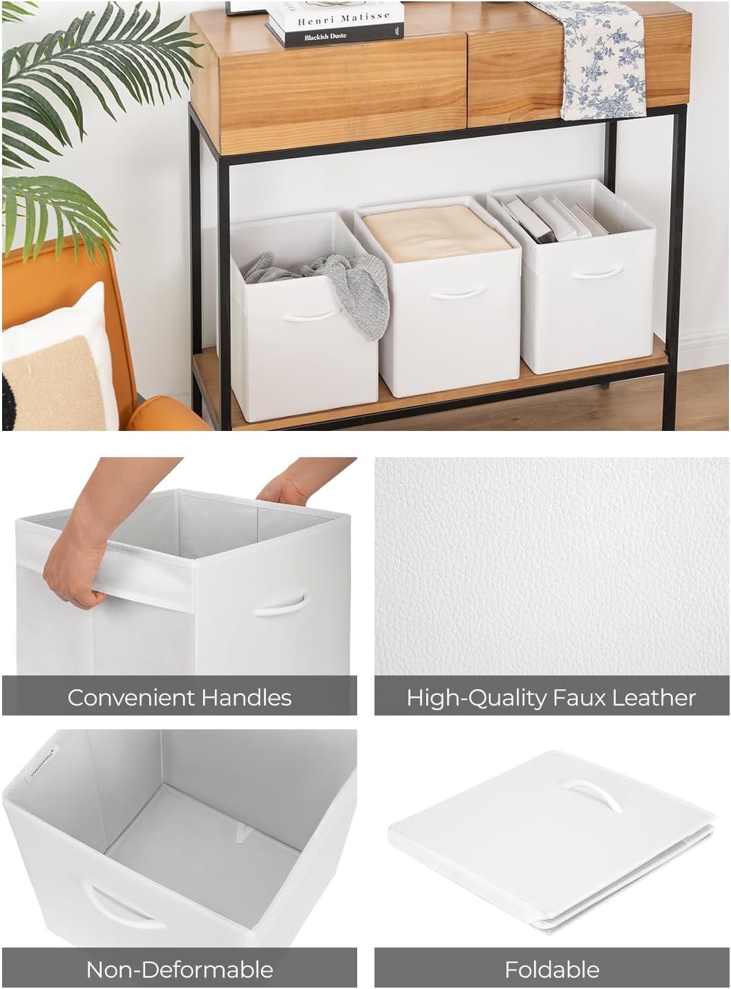 StorageWorks White Storage Cubes, 11-inch Leather Bins with Handle, Cube Organizer Baskets for Shelves and Closet, Collapsible Storage Bins, 4-Pack