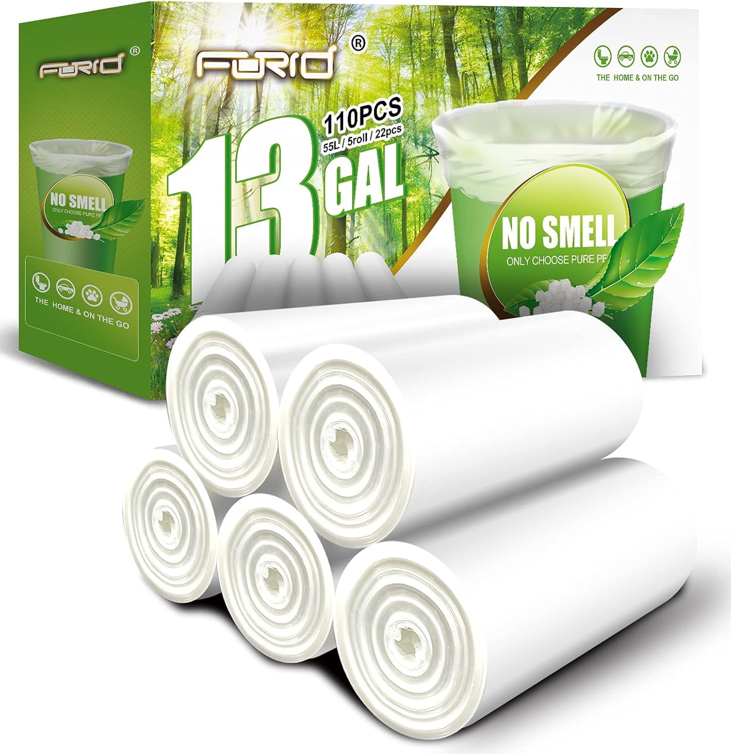 FORID 13 Gallon Trash Bags - Clear Plastic Garbage Bags Medium Tall Trash Can Liners for Kitchen Office Home Waste Bins Unscented One Box with 5 Roll 110 Count 55 Liter - Thick & Durable Trash Bag