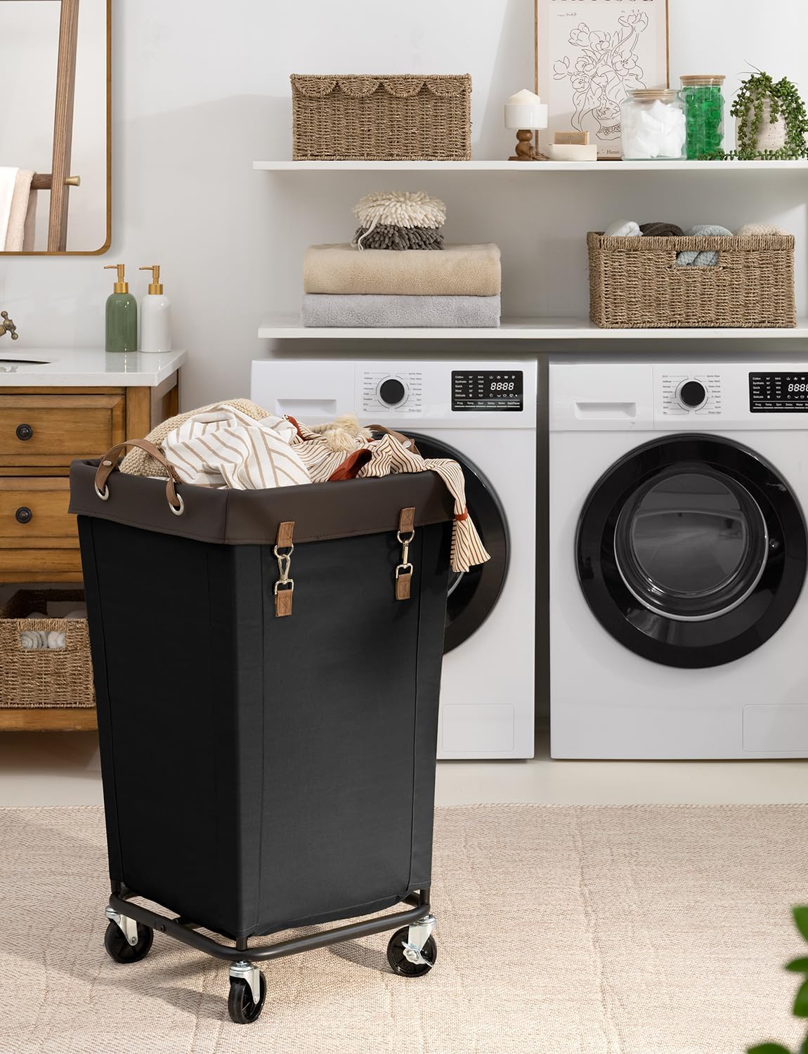 StorageWorks 160L Laundry Basket with Wheels, Large Rolling Hampers for Clothing Organizer, Dirty Clothes Basket for Hotel, Home, Closet, Dorm, Black