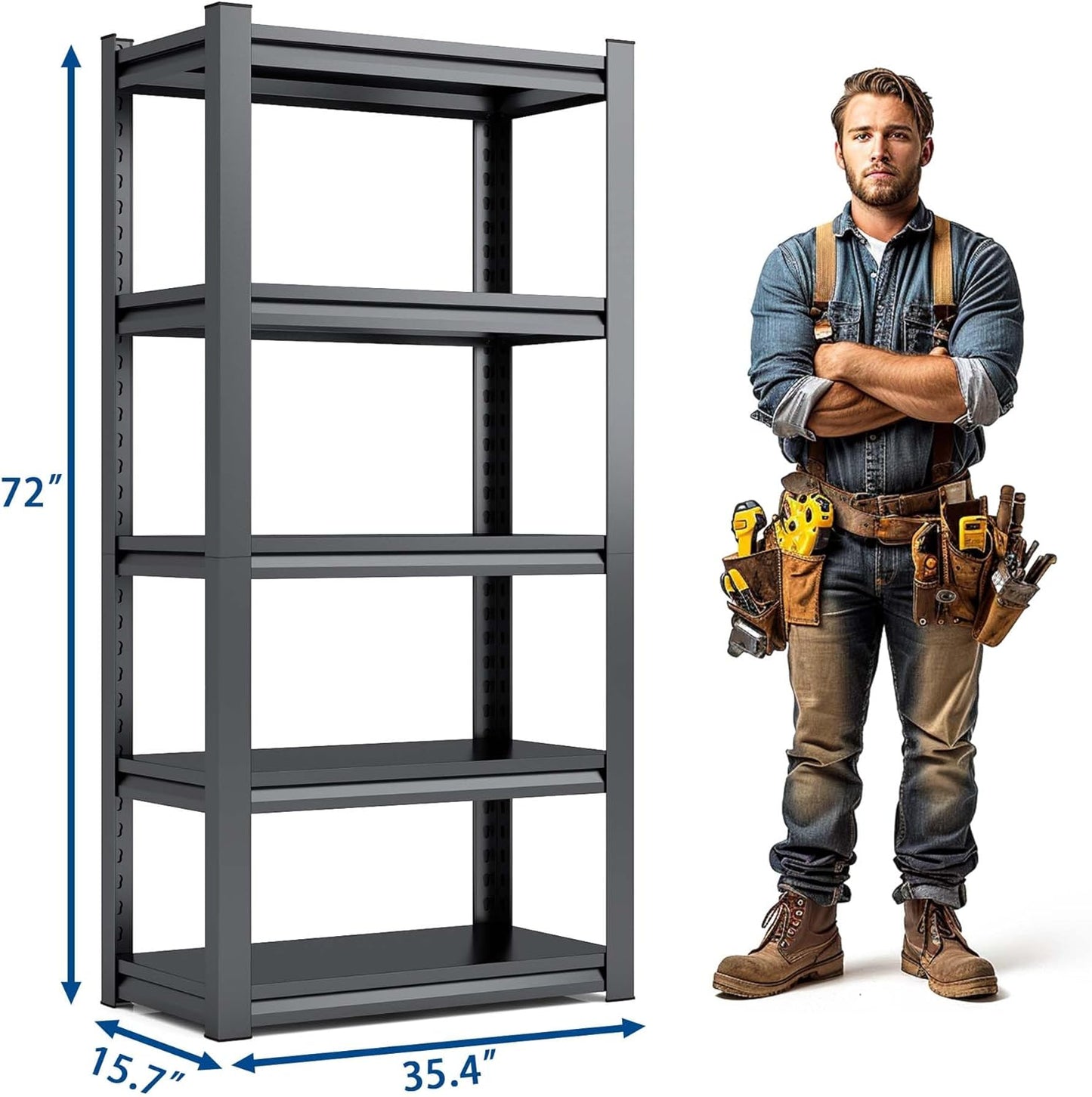 72" H Garage Shelving, Metal Storage Shelves, Adjustable 5 Tier Storage Rack, Heavy Duty Shelving, Industrial Utility Shelf for Garage, Warehouse, Bedroom, Kitchen,16" D×36" W×72" H, Black