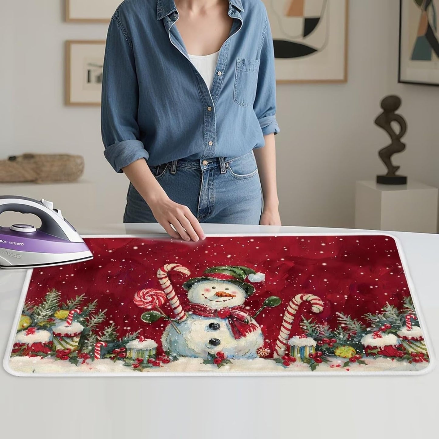 Ironing Mat Christmas Portable Iron Pad Magnetic Cover and Padding for Top of Washer, Dryer, Tabletop, Countertop,Travel Small Size Snowman Ironing Pads 32 x 16 Inch