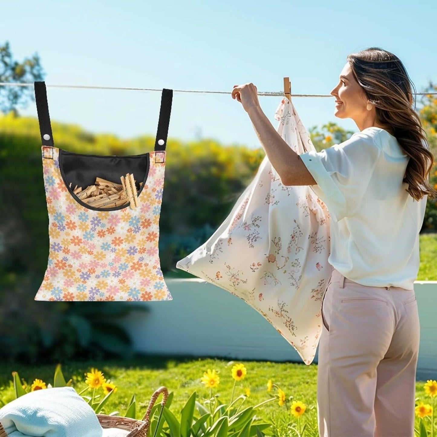 2 Pcs Flower Clothes Pin Hanging Bag, Clothespin Bag Organizer Clothes Pin Bag to Hang on Line with Large Opening Washable Clothespin Storage Bag