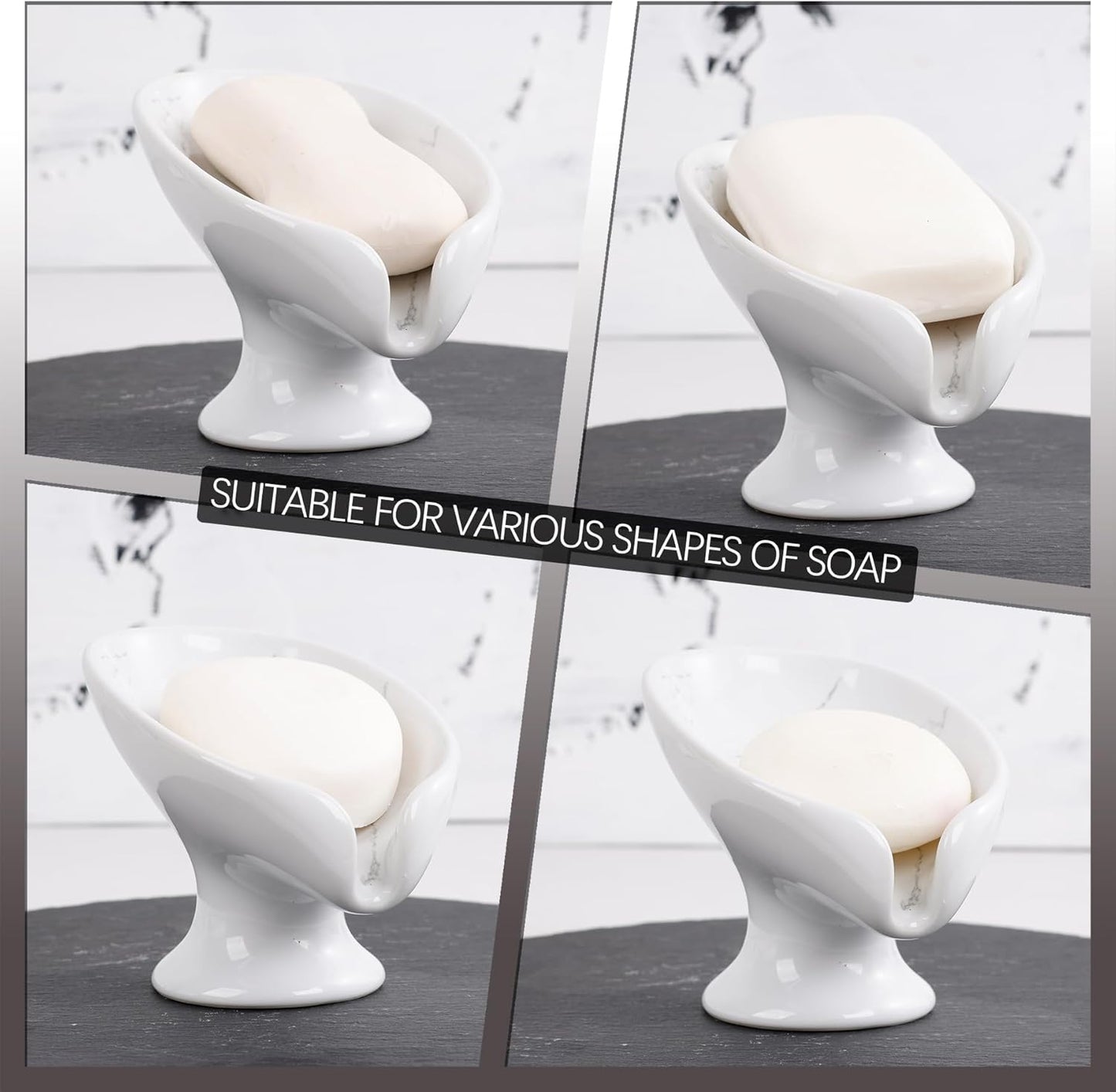 Soap Dish, Self Draining Bar Soap Holder for Bathroom Sink, Leaf Shaped Drainage Ceramic Marble Porcelain Decorative Soap Dish, No Suction Cup, ANTIS'S HOME