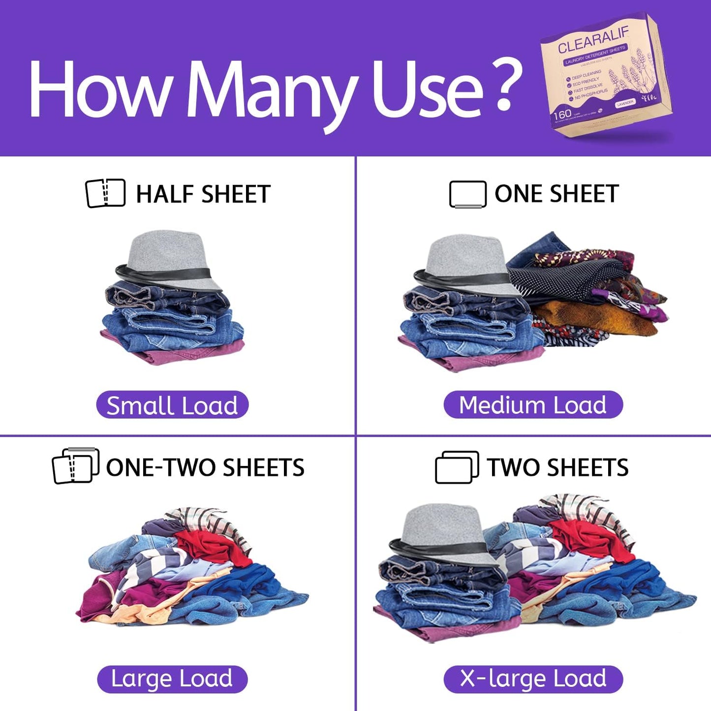 CLEARALIF Laundry Detergent Sheets 80 Sheets (Up to 160 Loads), Lavender - Great For Apartments, Dorms,Eco Friendly